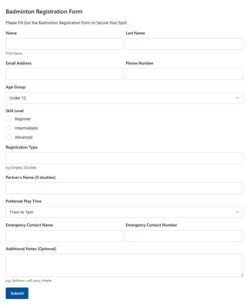 Badminton Registration Form