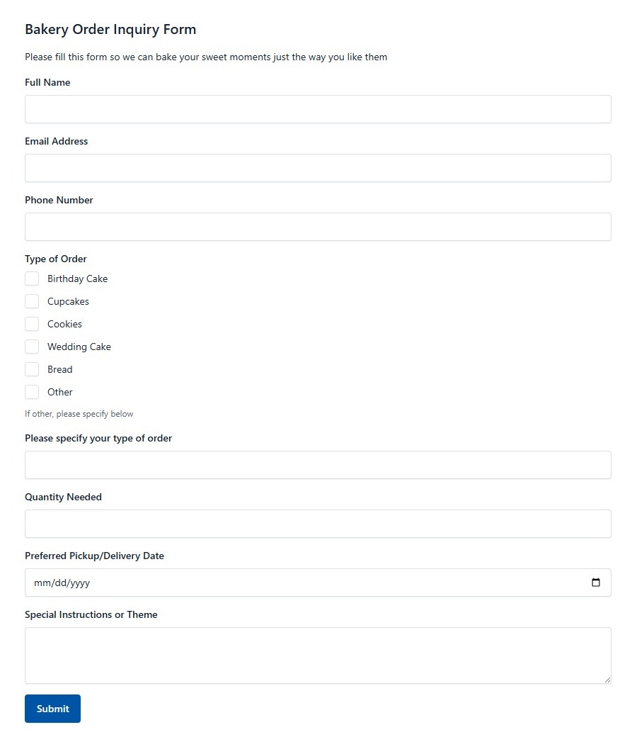 Bakery Order Inquiry Form