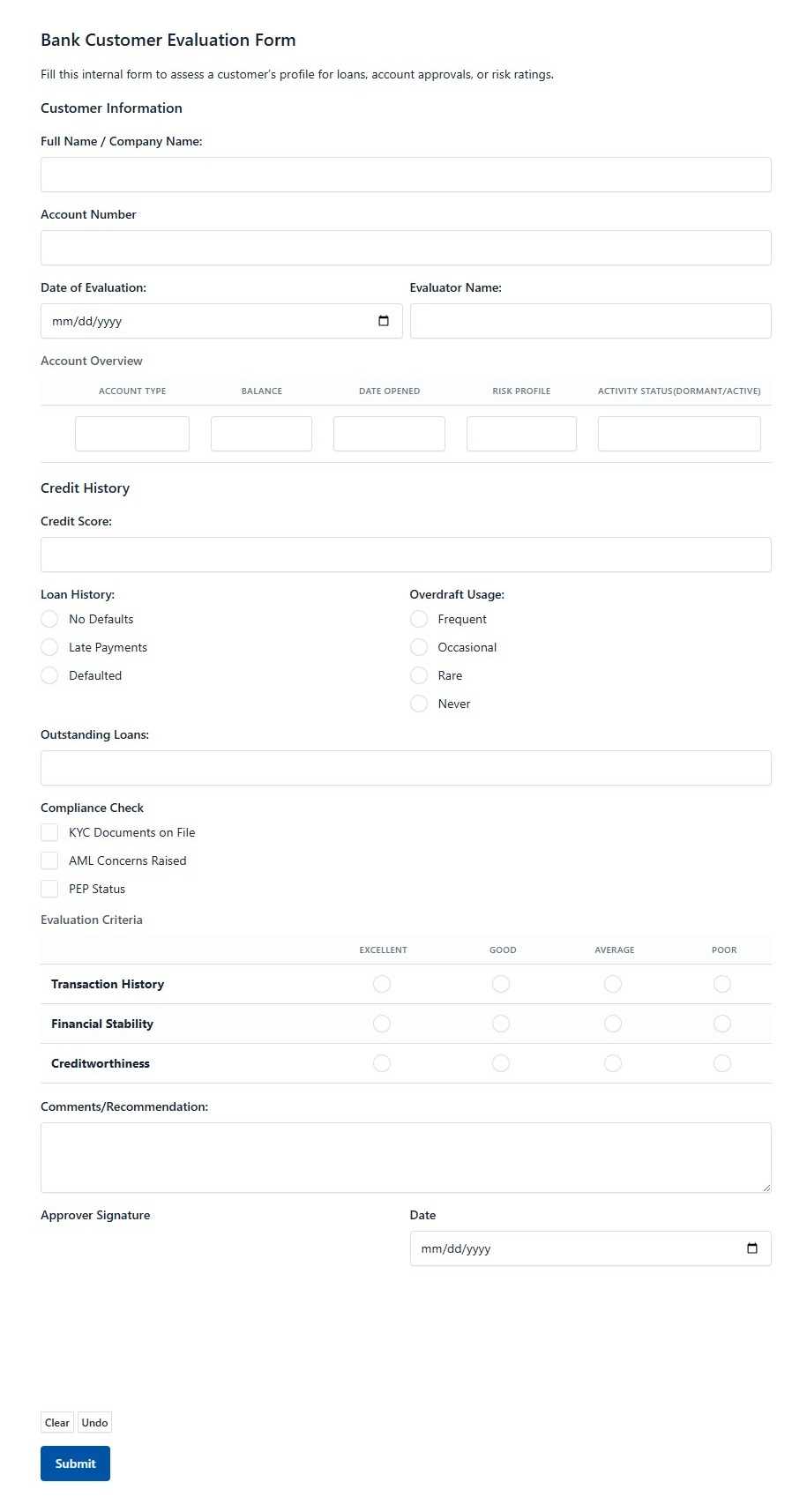 Bank Customer Evaluation Form