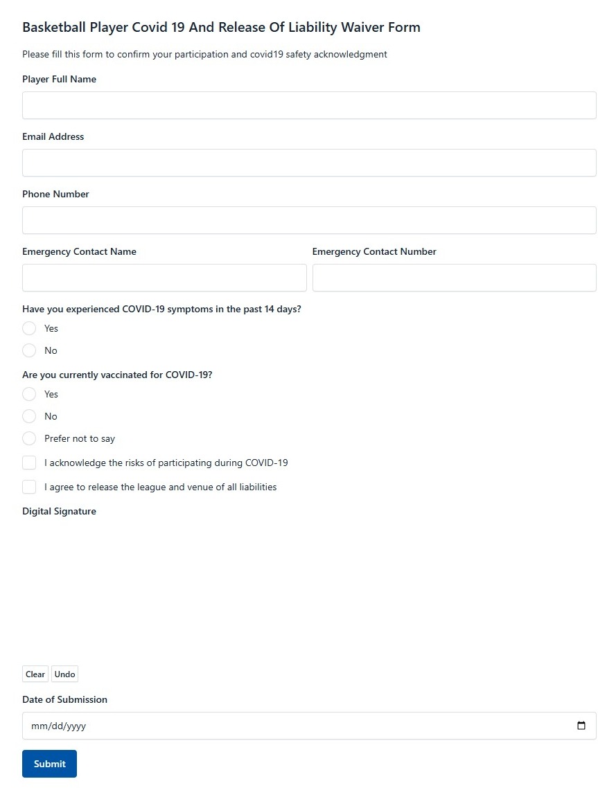 Basketball Player Covid 19 And Release Of Liability Waiver Form