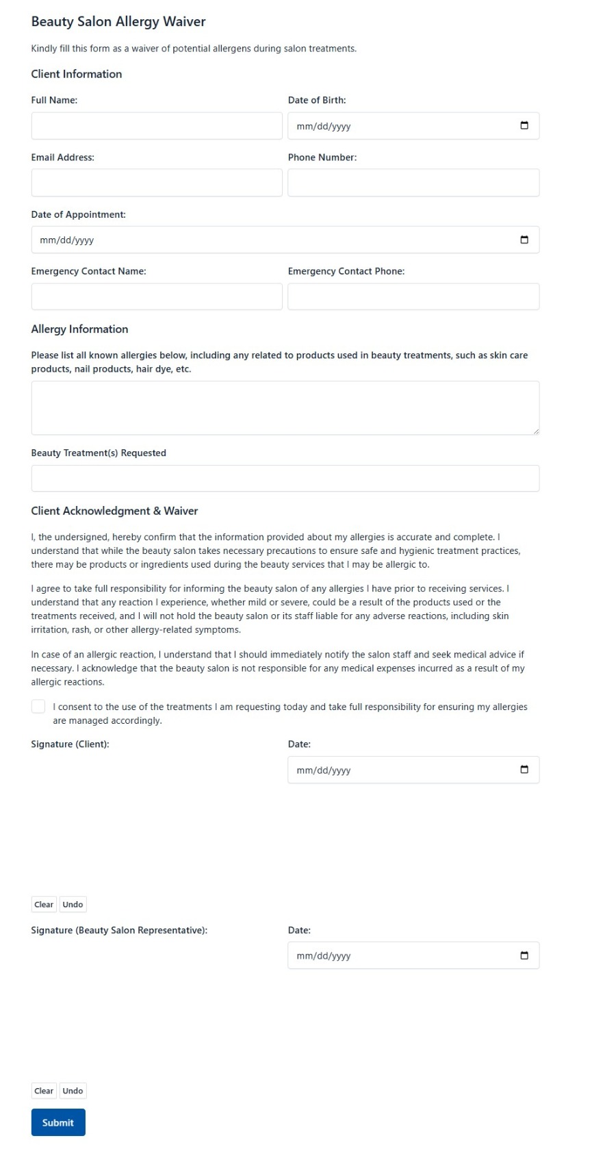 Beauty Salon Allergy Waiver