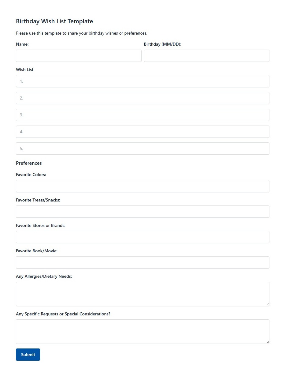 Birthday Wish List Template
