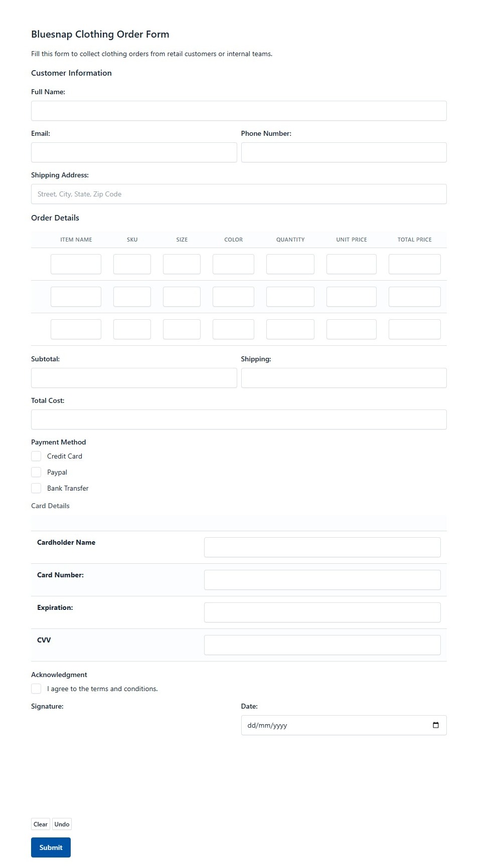 Bluesnap Clothing Order Form