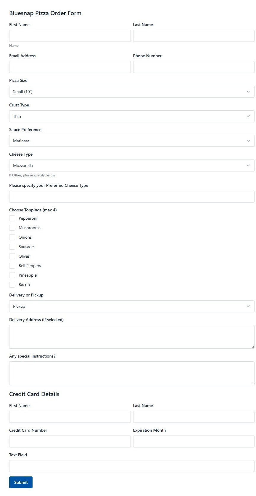 Bluesnap Pizza Order Form