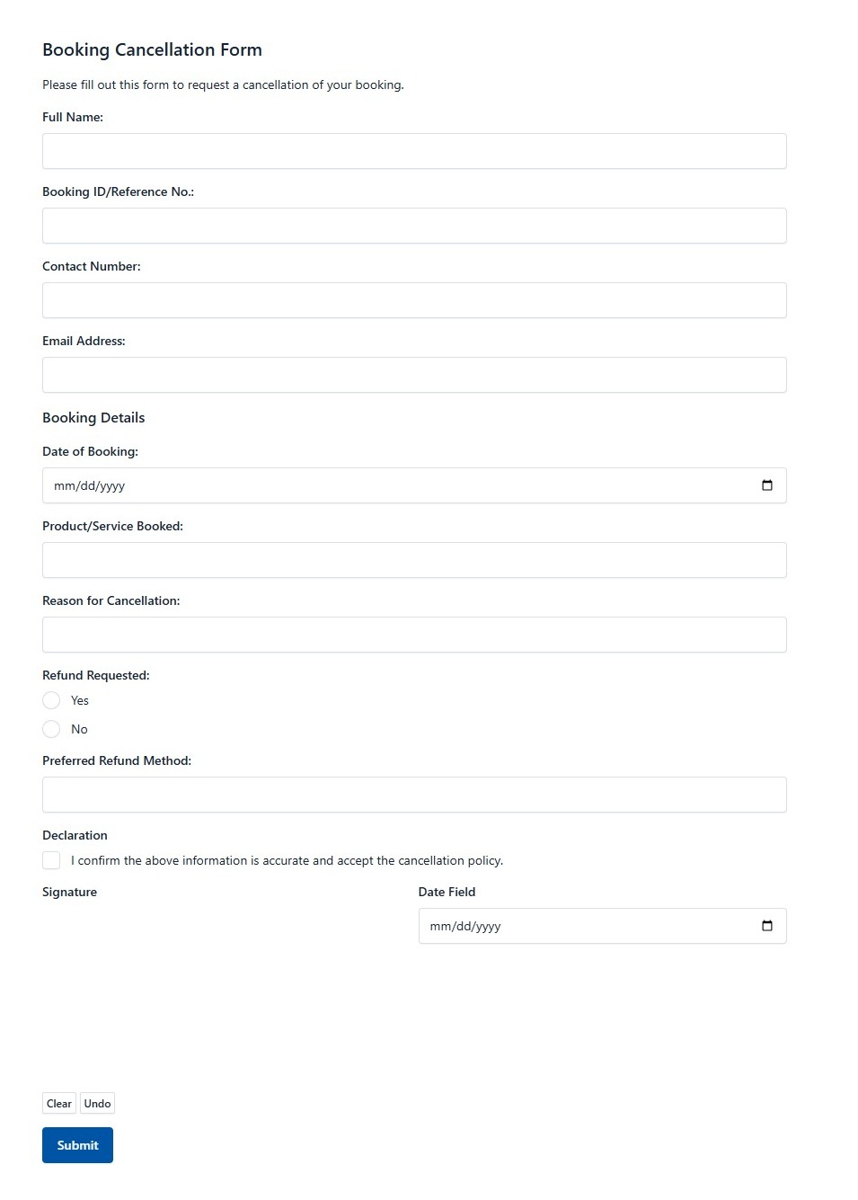Booking Cancellation Form