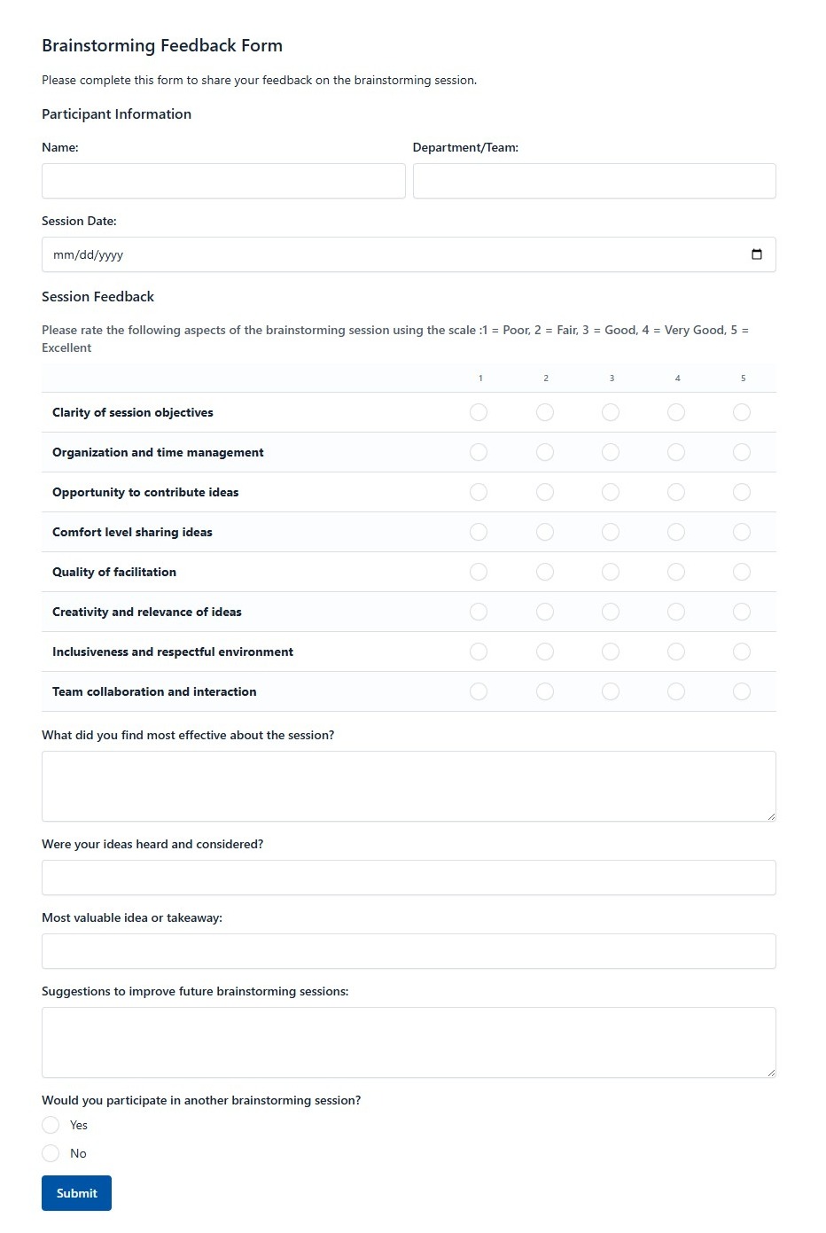 Brainstorming Feedback Form