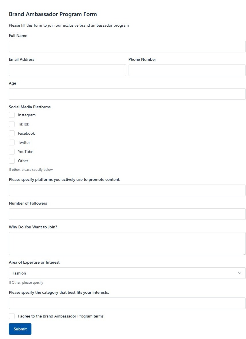 Brand Ambassador Program Form