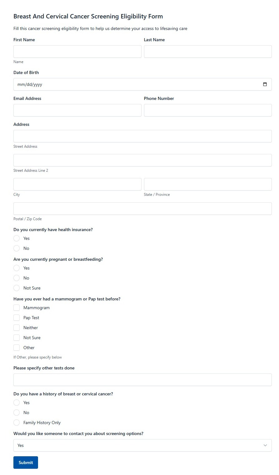 Breast And Cervical Cancer Screening Eligibility Form