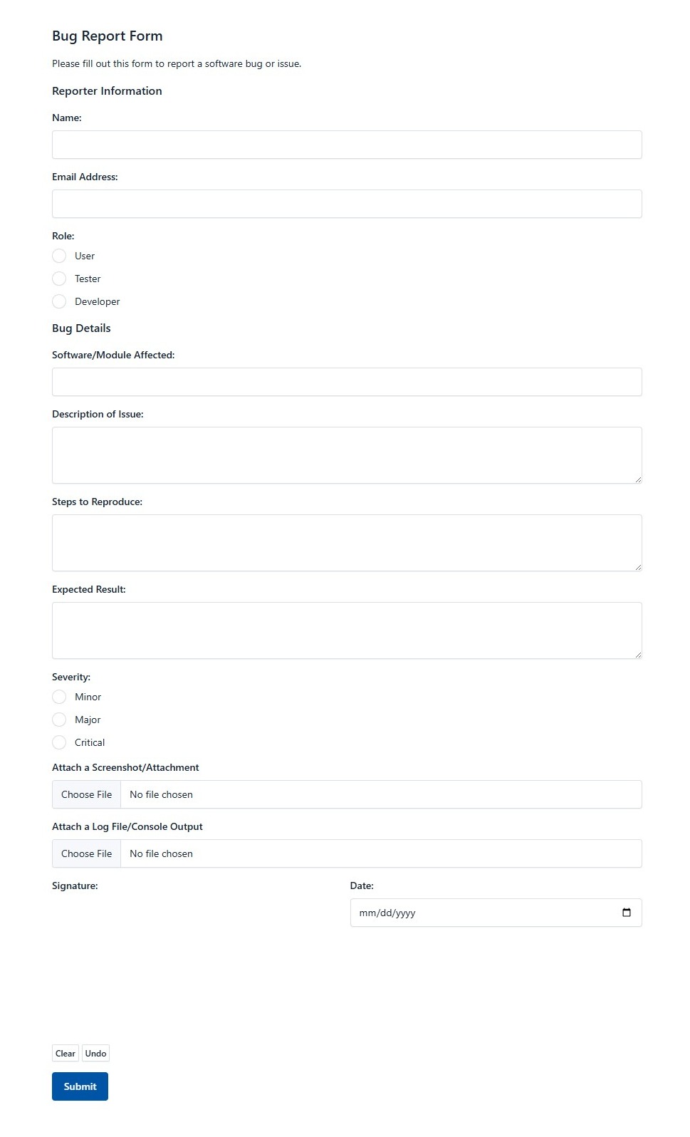 Bug Report Form Template