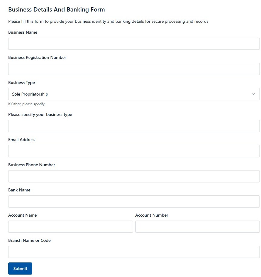 Business Details And Banking Form