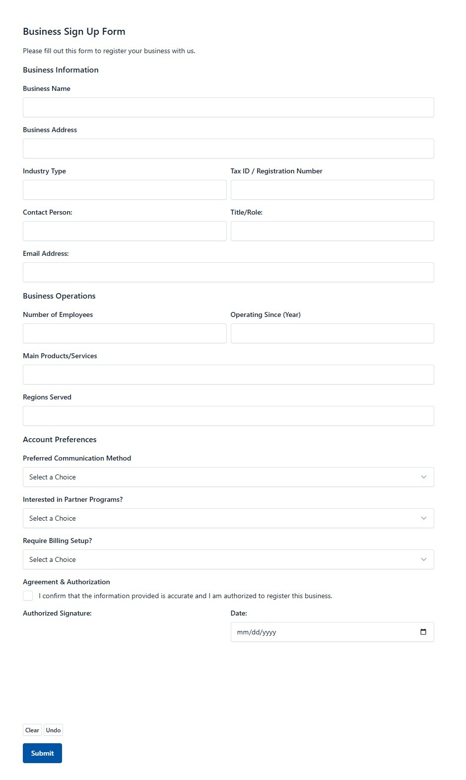 Business Sign Up Form