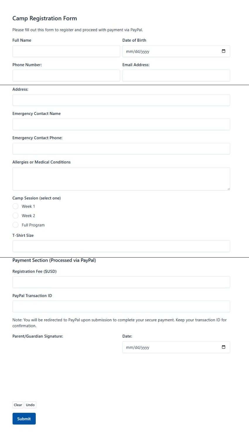 Camp Registration Form Paypal Checkout