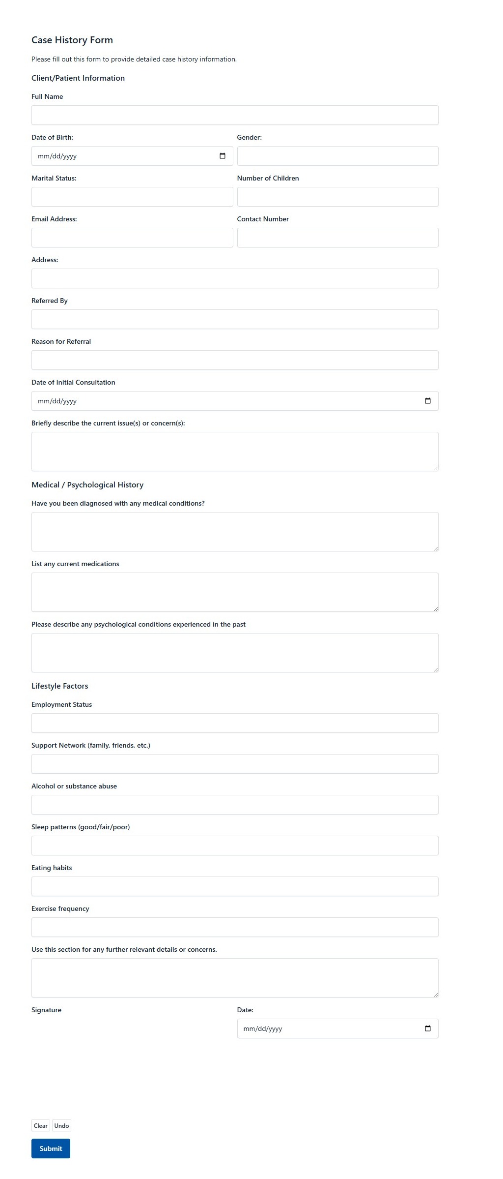 Case History Form