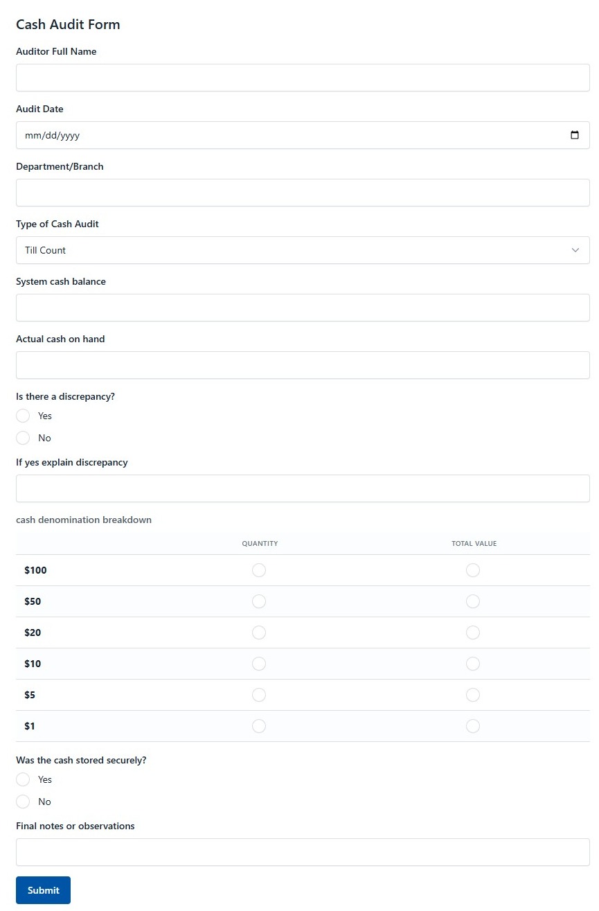 Cash Audit Form