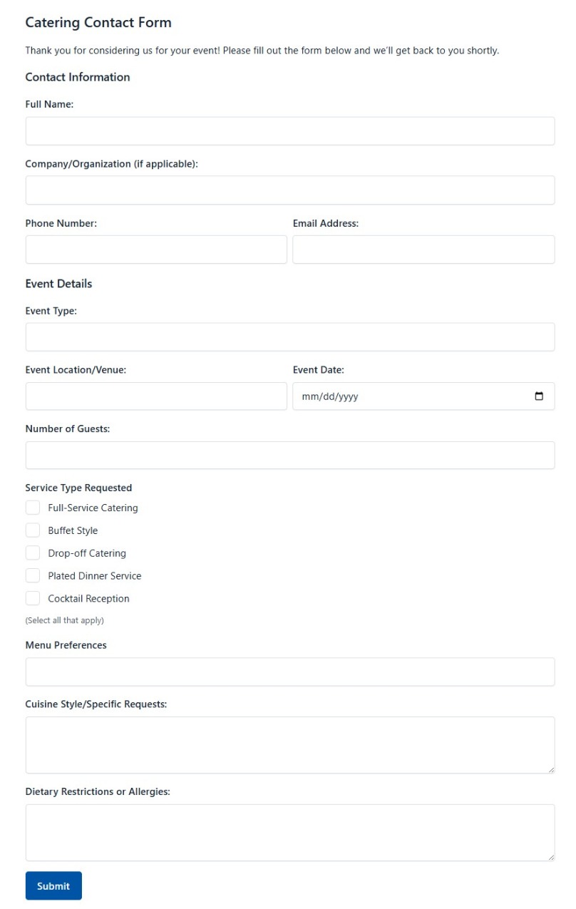 Catering Contact Form Template