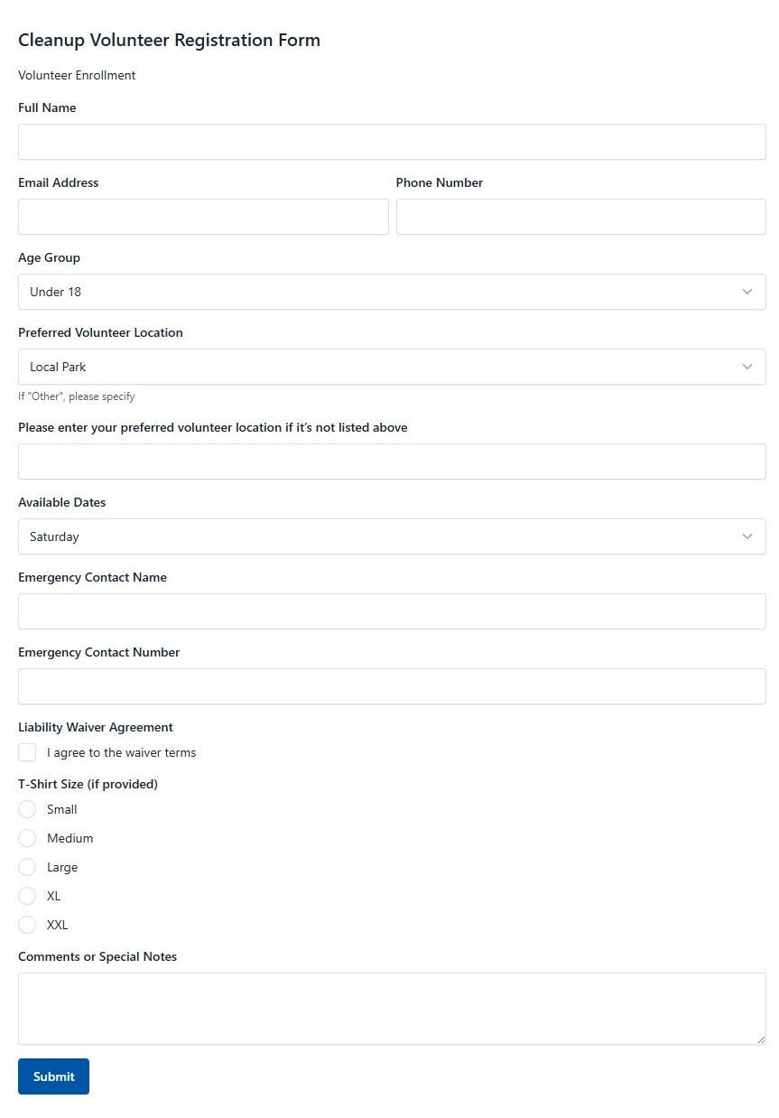 Cleanup Volunteer Registration Form