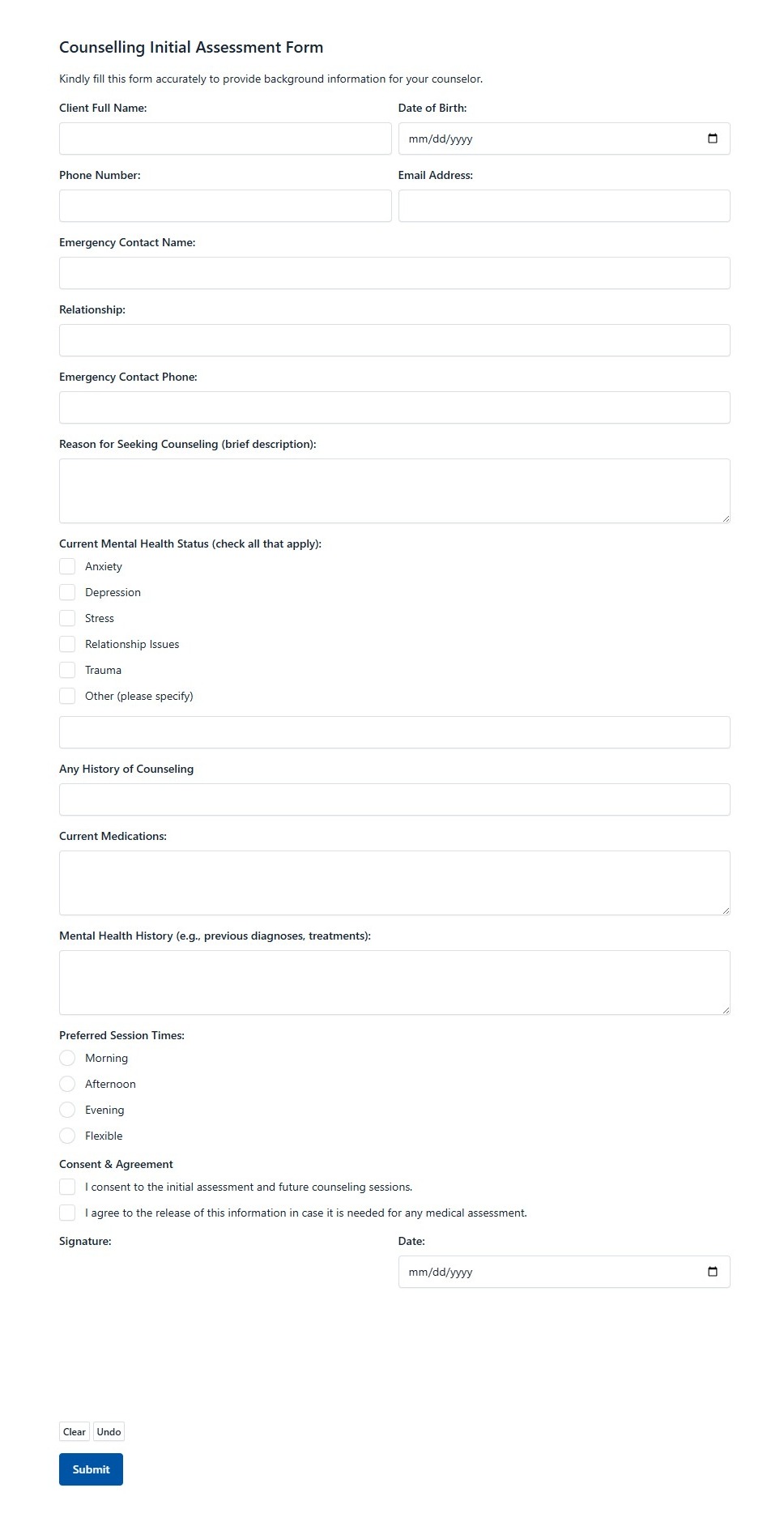 Counselling Initial Assessment Form