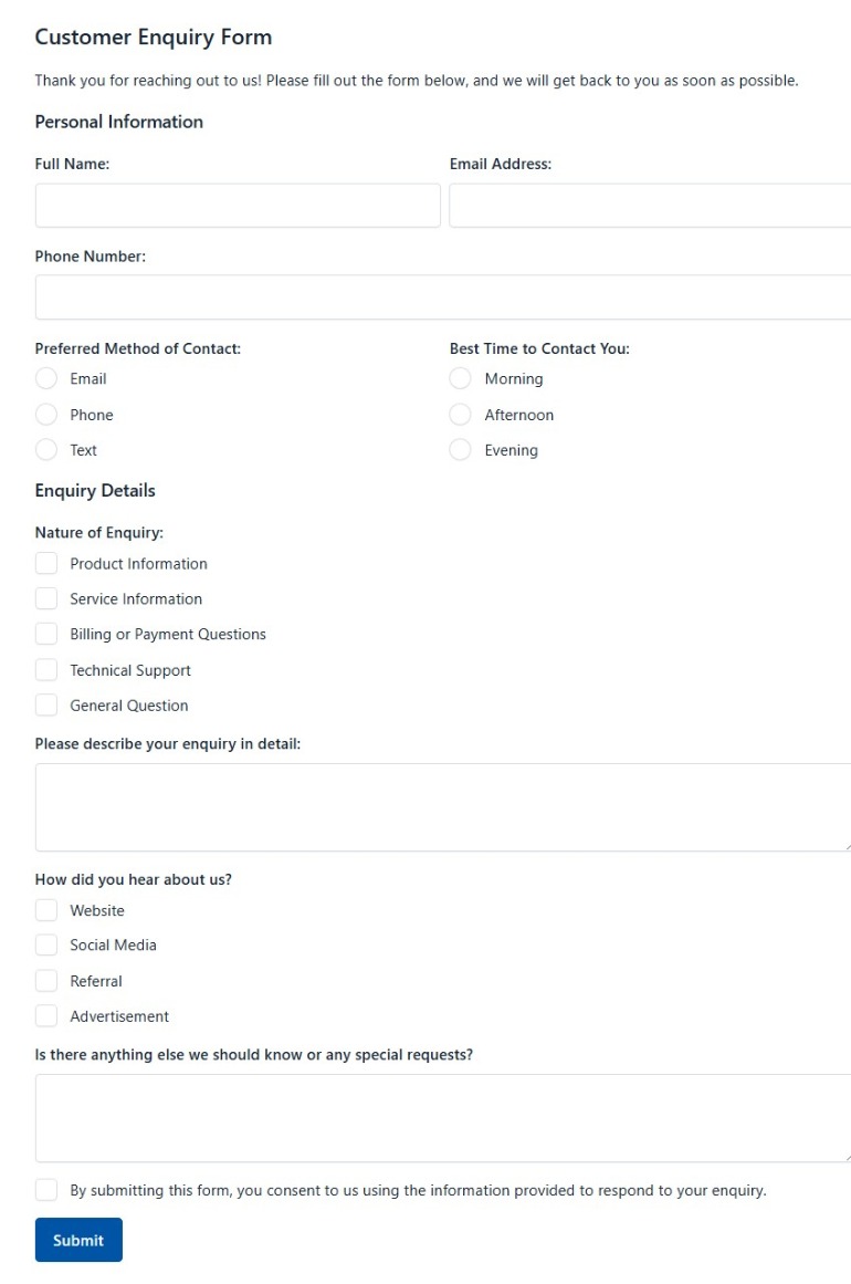 Customer Enquiry Form