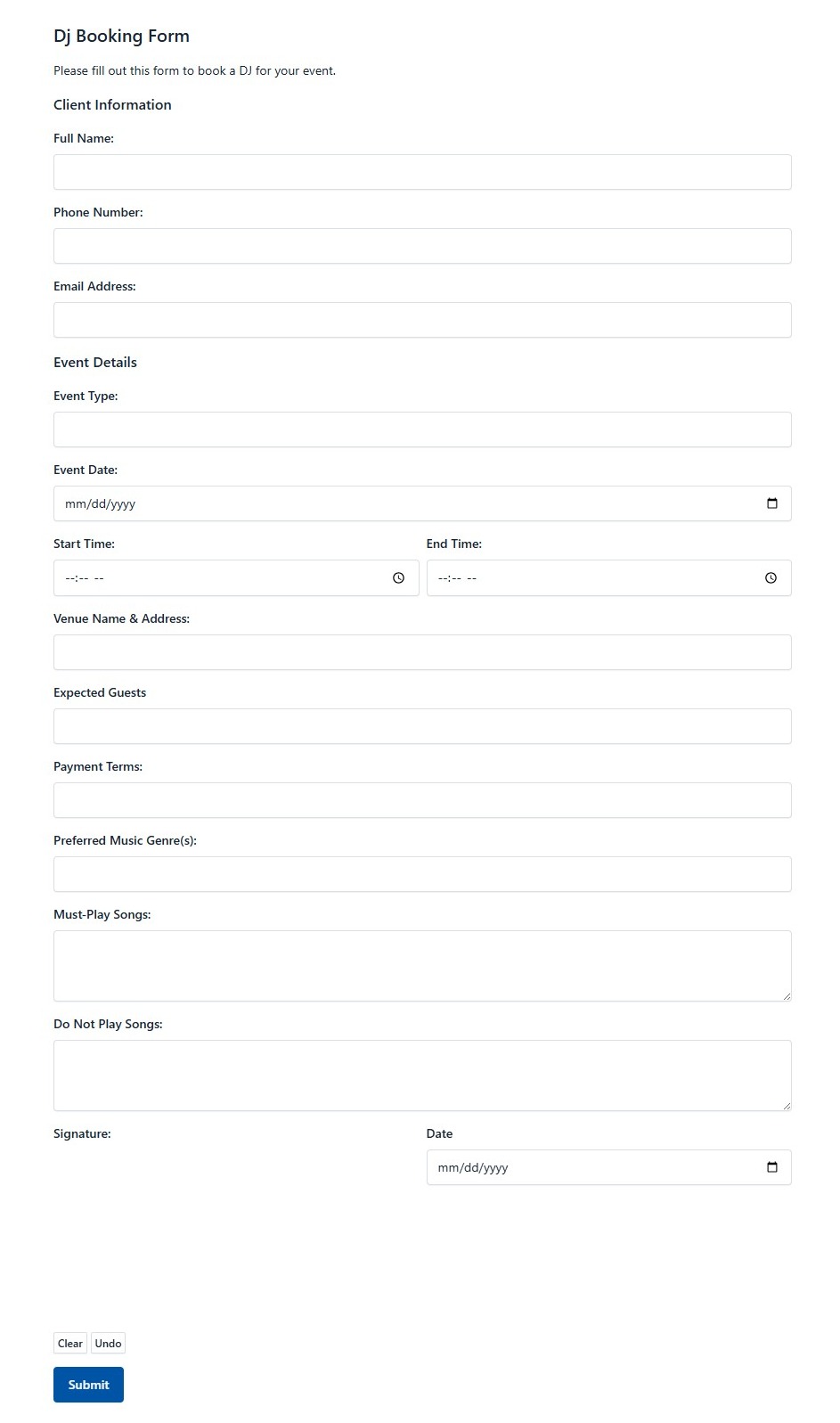 DJ Booking Form