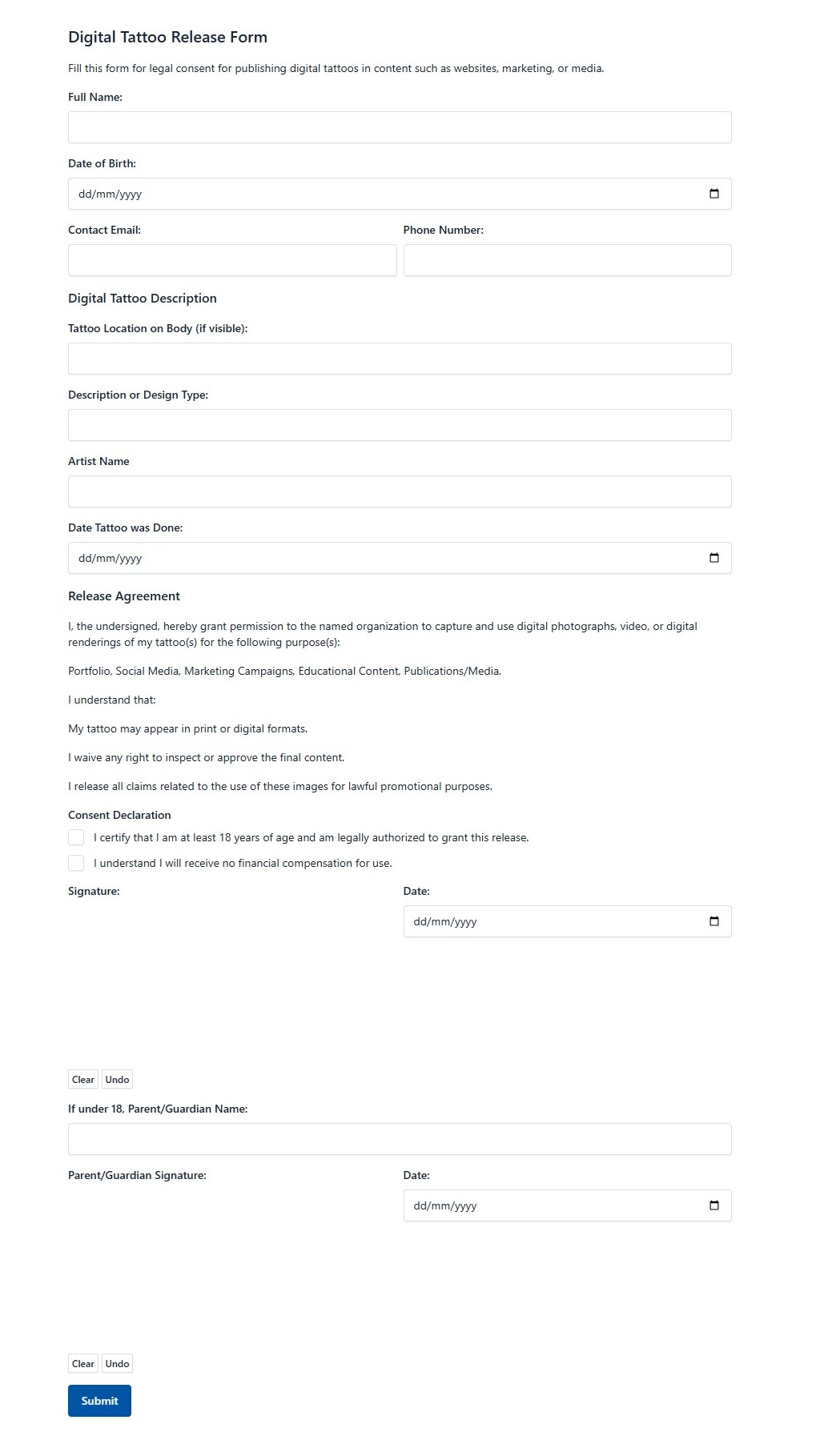 Digital Tattoo Release Form
