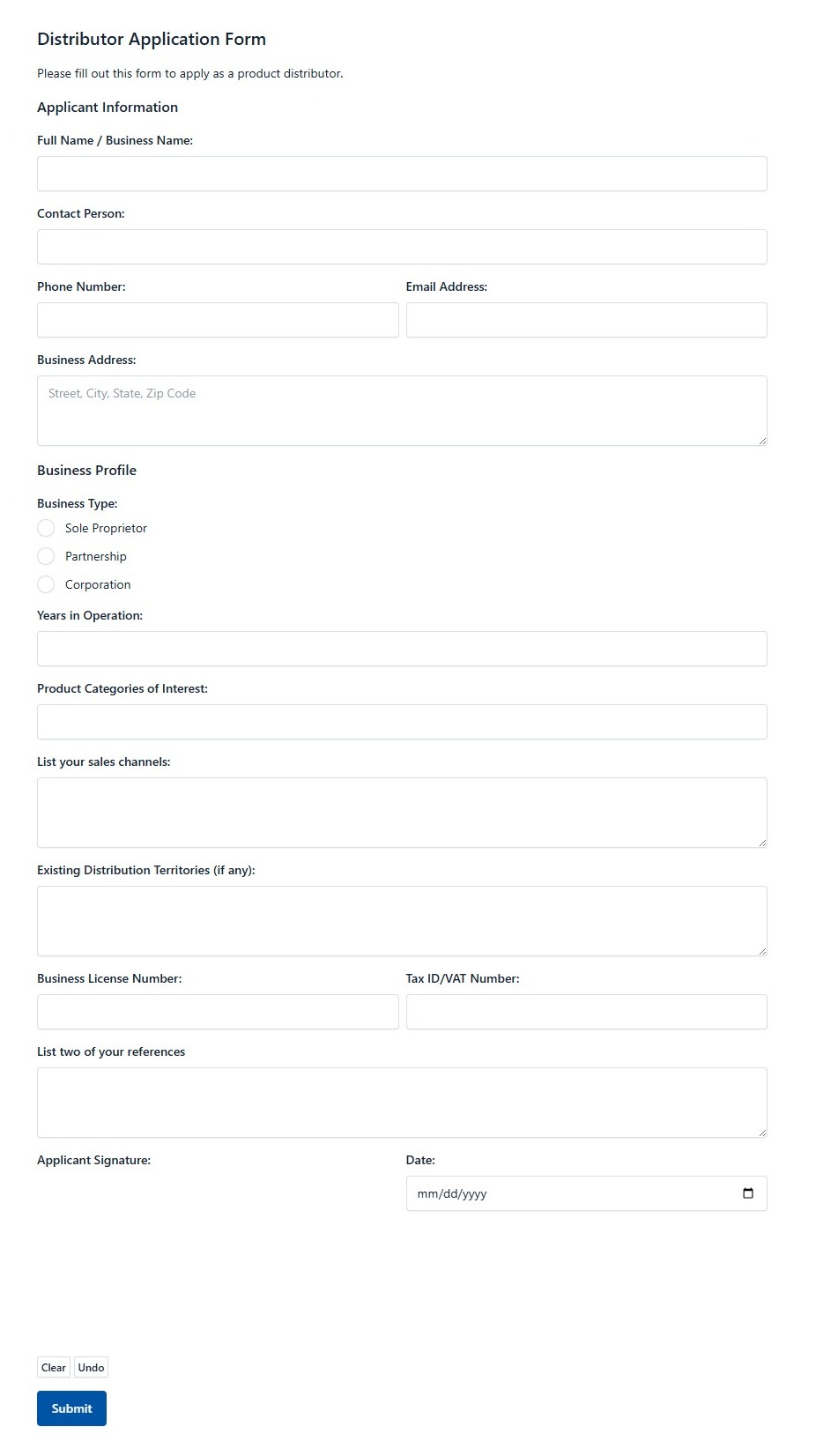 Distributor Application Form