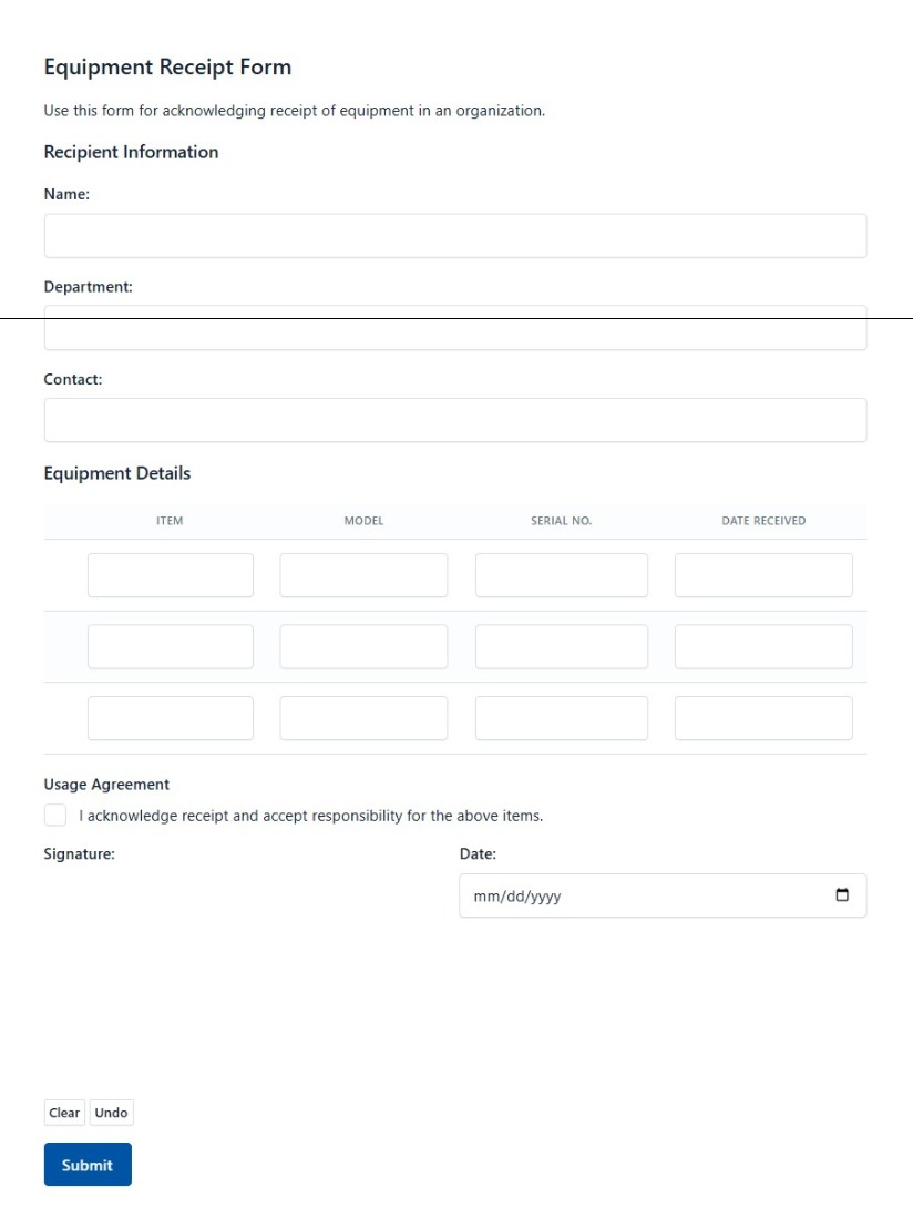Equipment Receipt Form