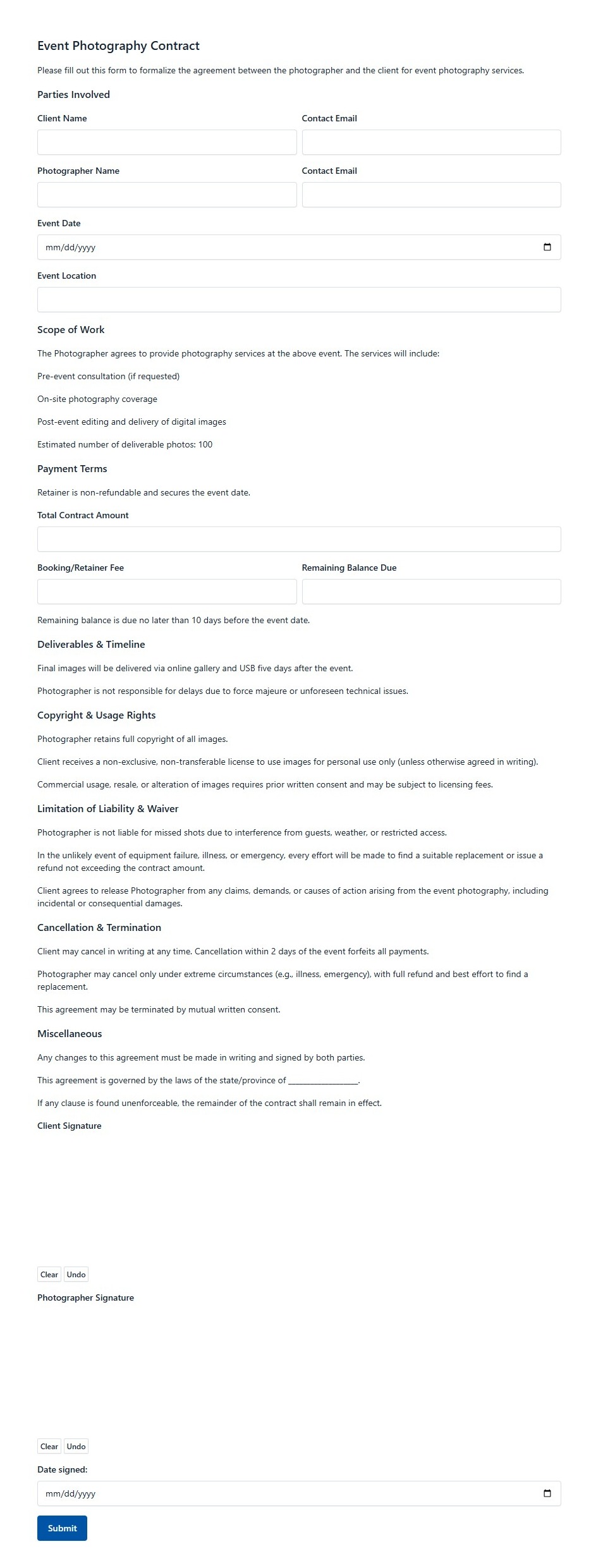 Event Photography Contract