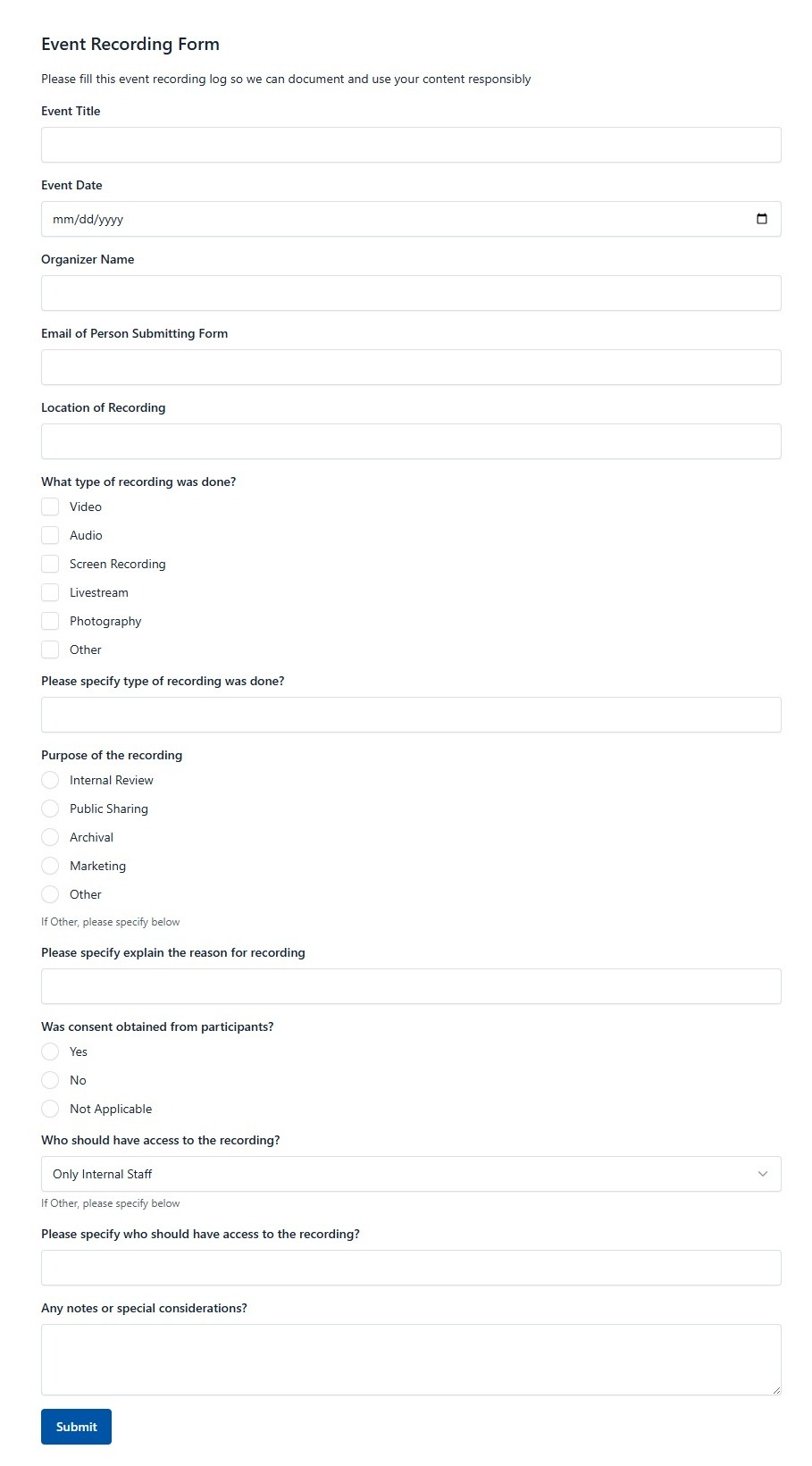 Event Recording Form