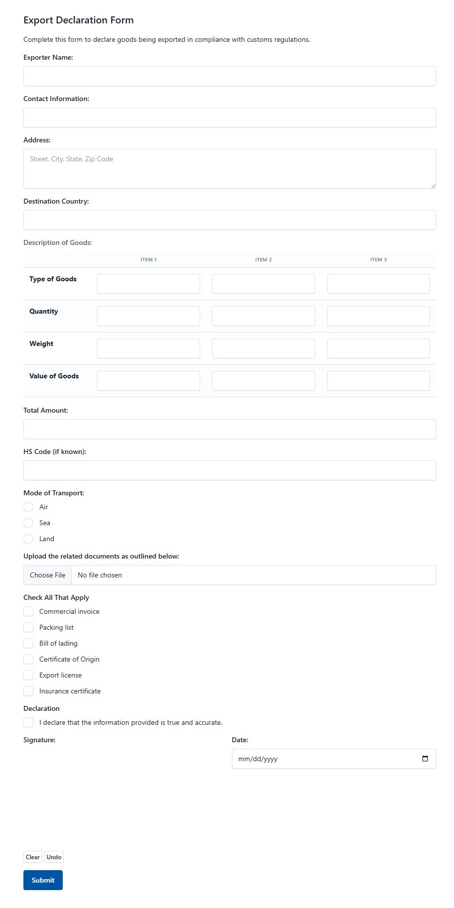 Export Declaration Form