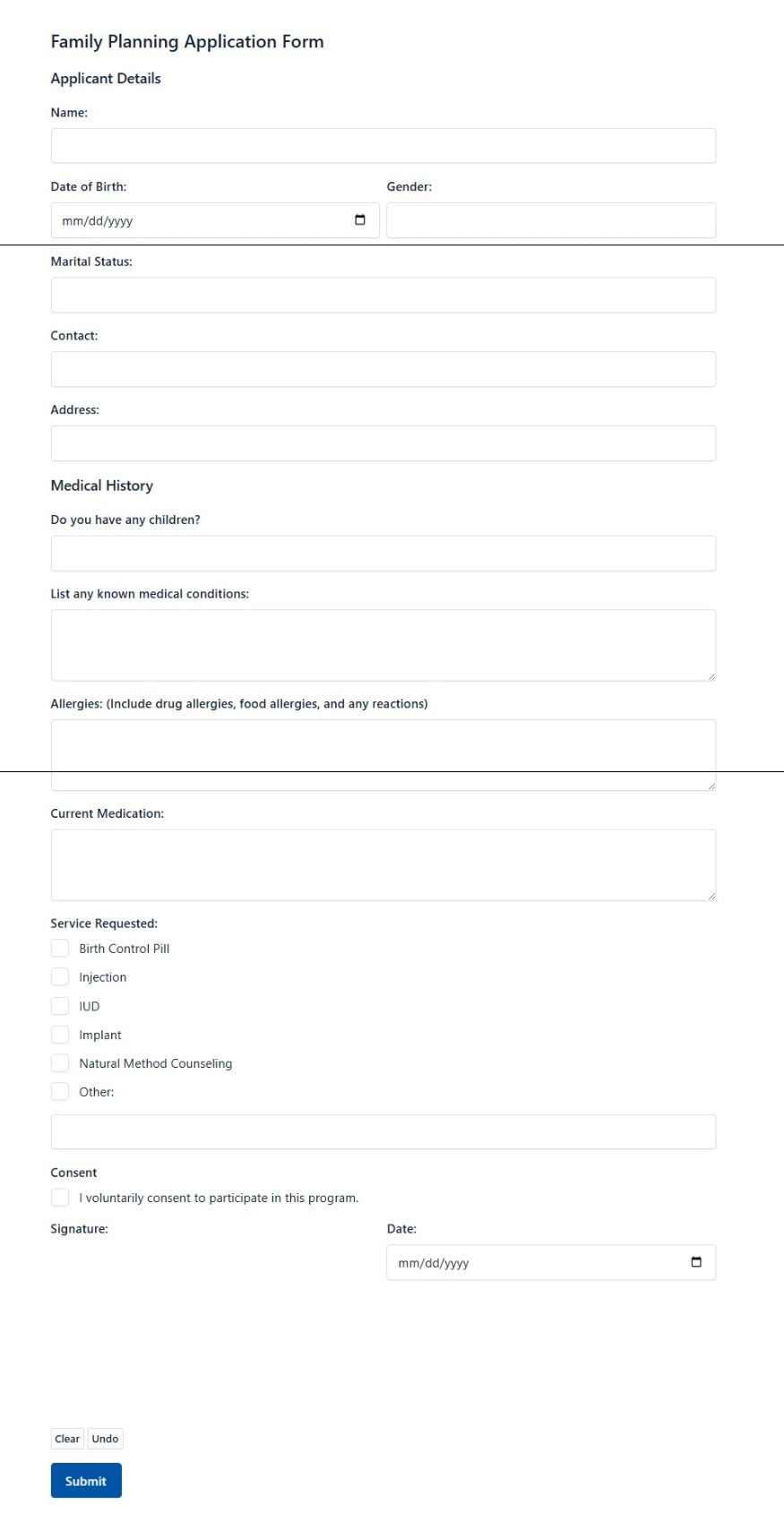 Family Planning Application Form