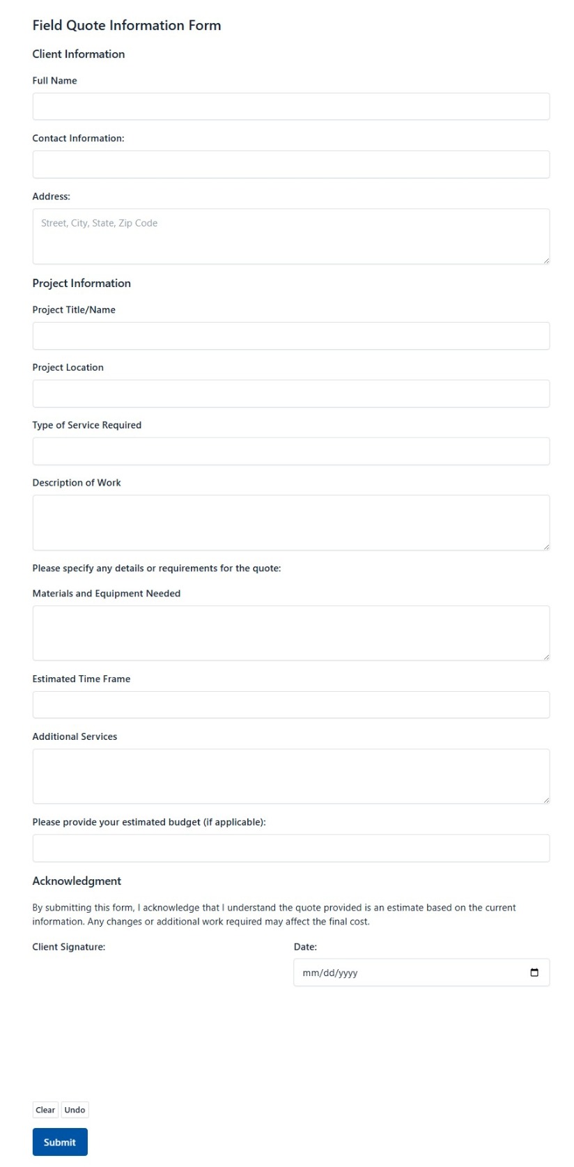 Field Quote Information Form