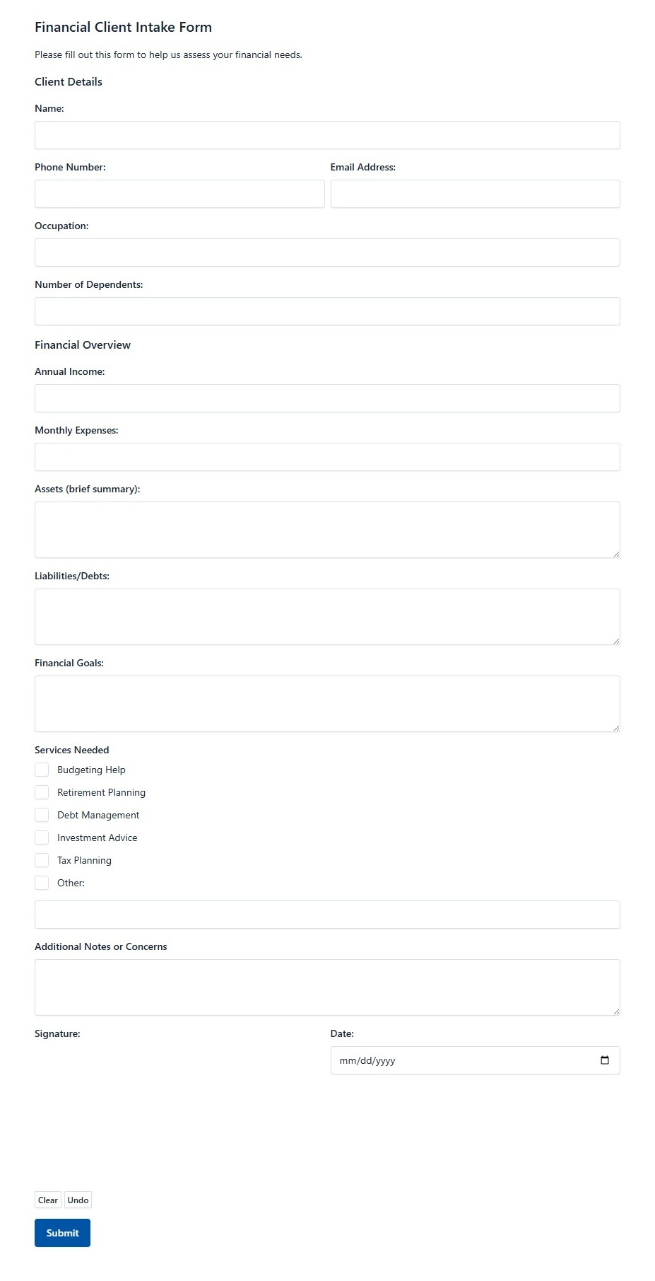 Financial Client Intake Form