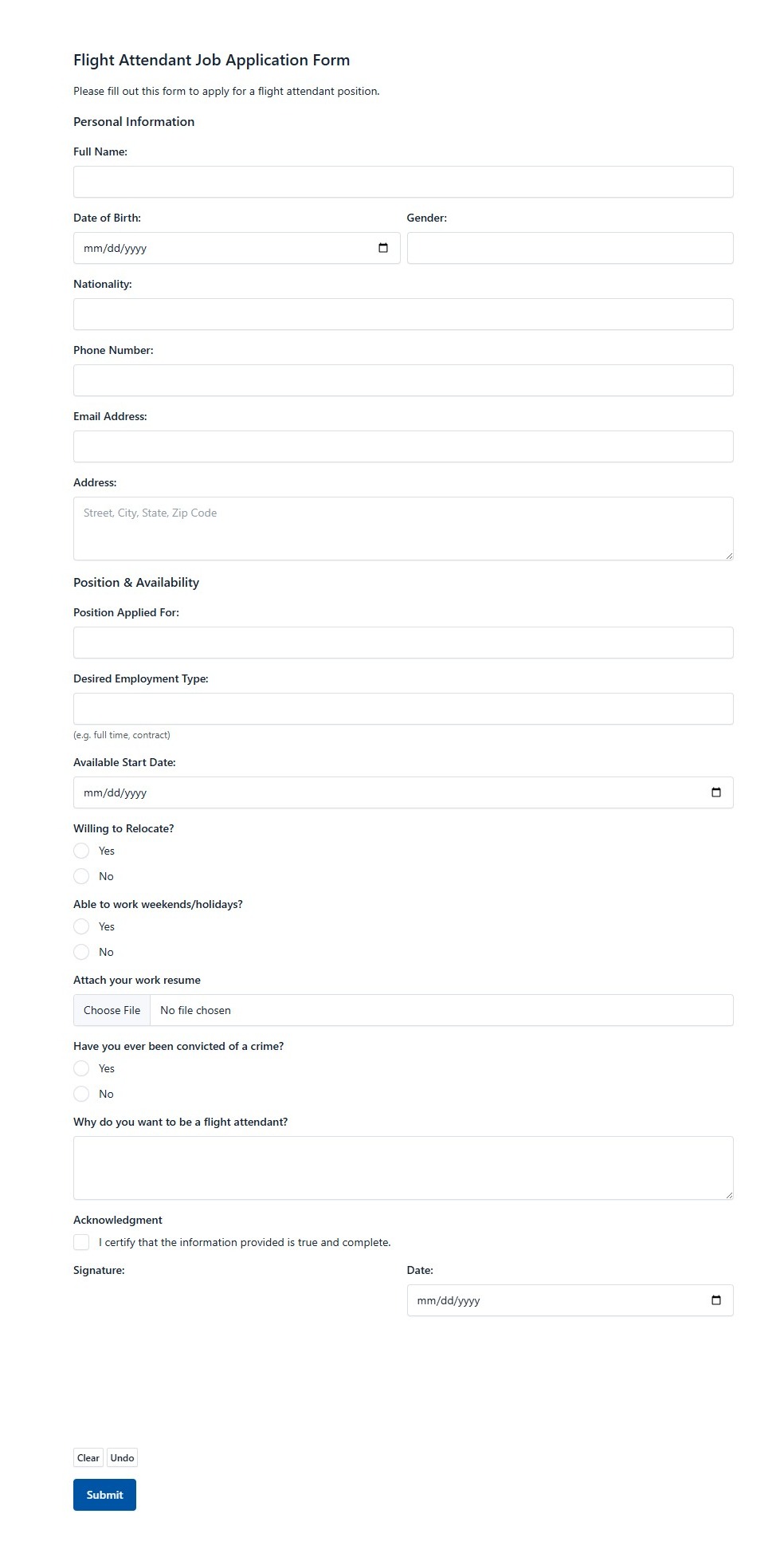 Flight Attendant Job Application Form