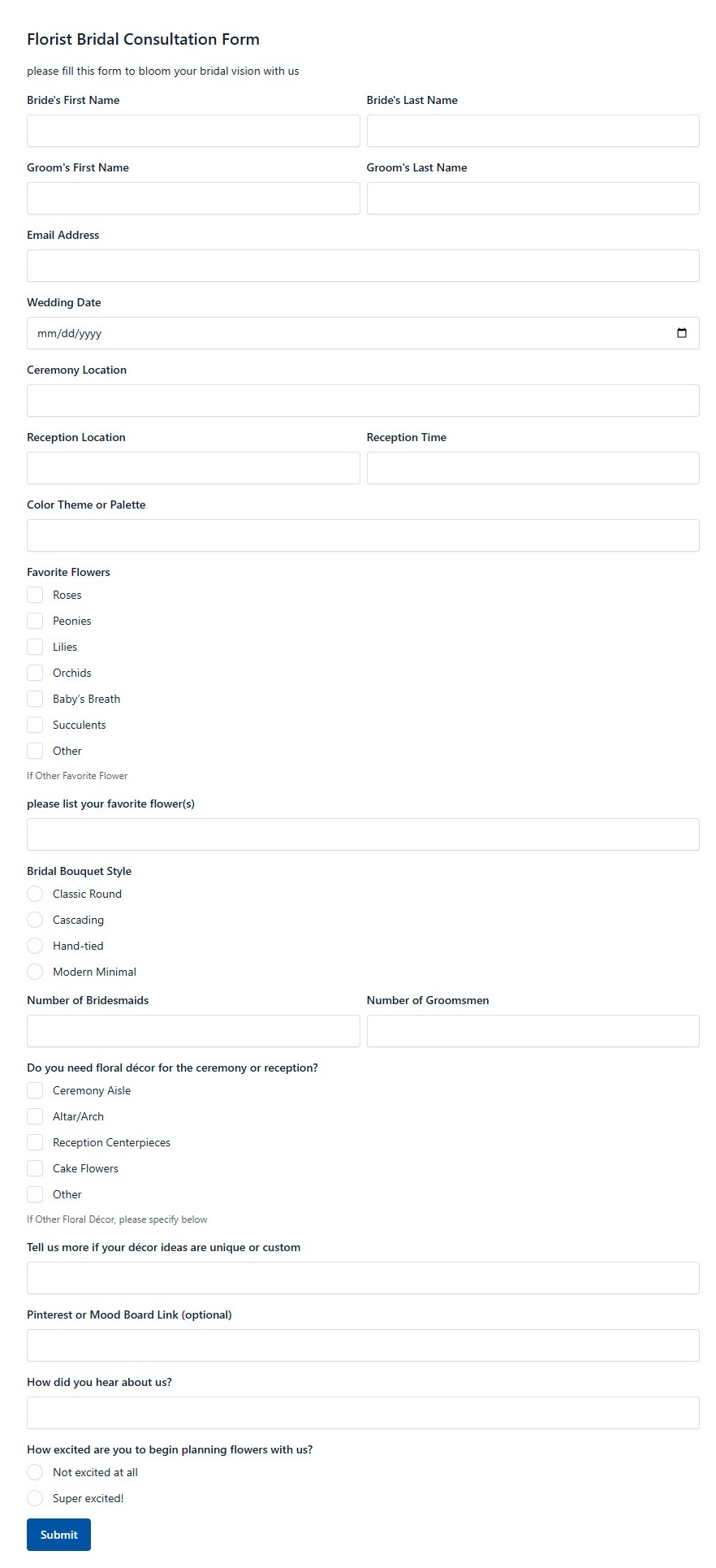 Florist Bridal Consultation Form