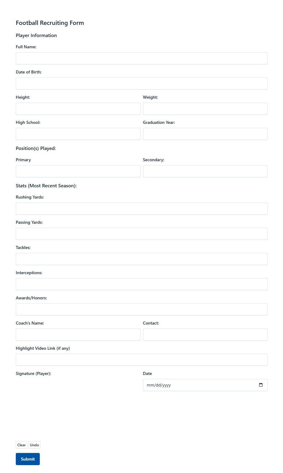 Football Recruiting Form