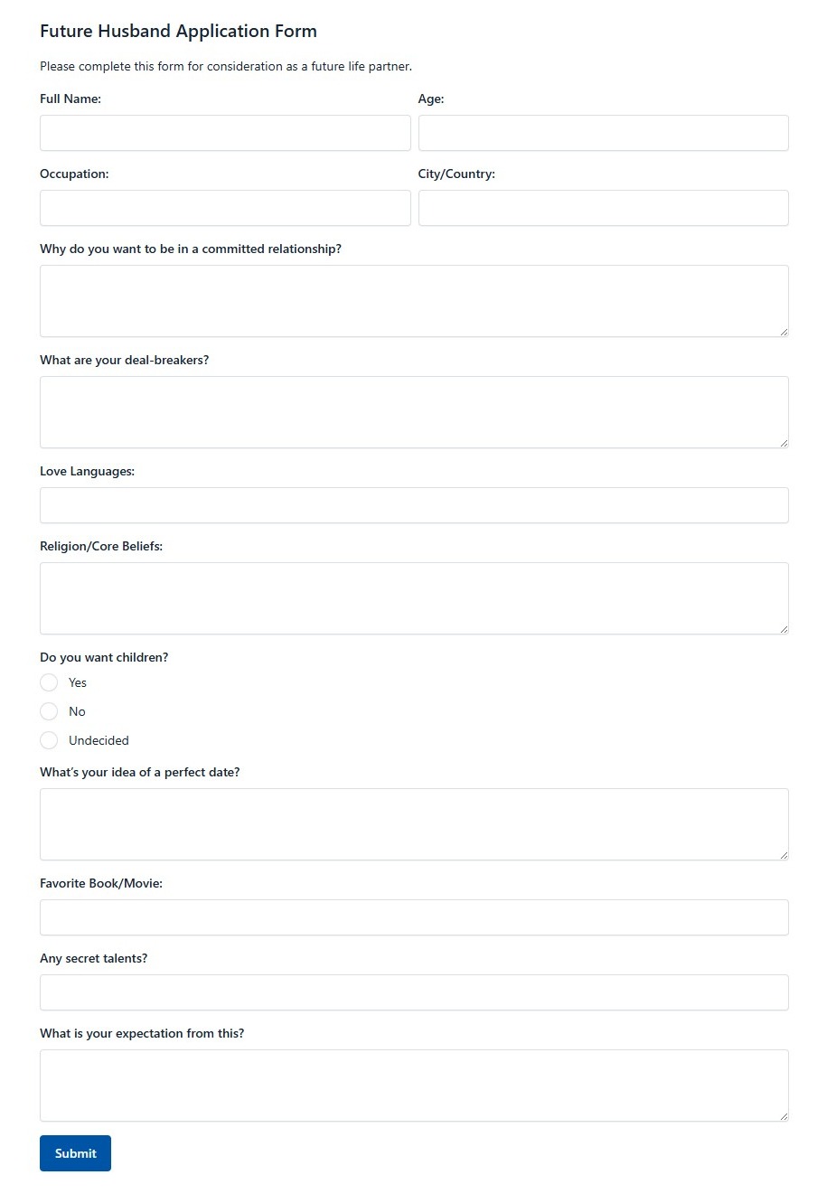 Future Husband Application Form