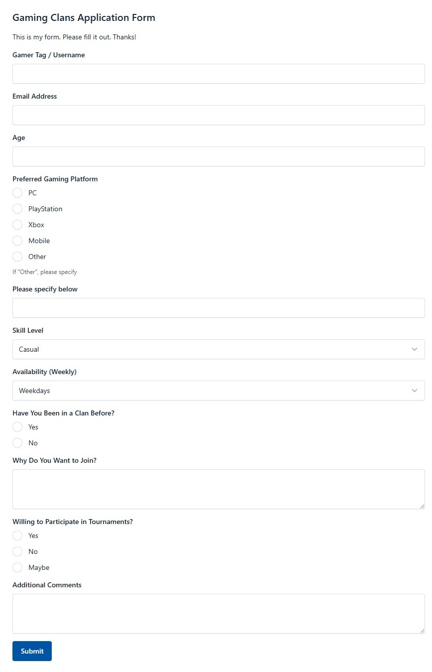 Gaming Clans Application Form