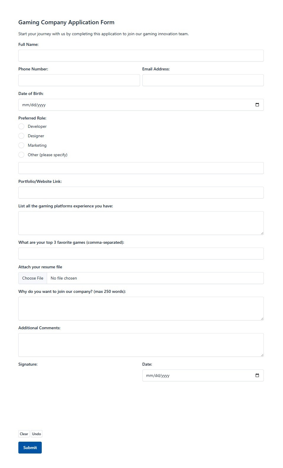Gaming Company Application Form