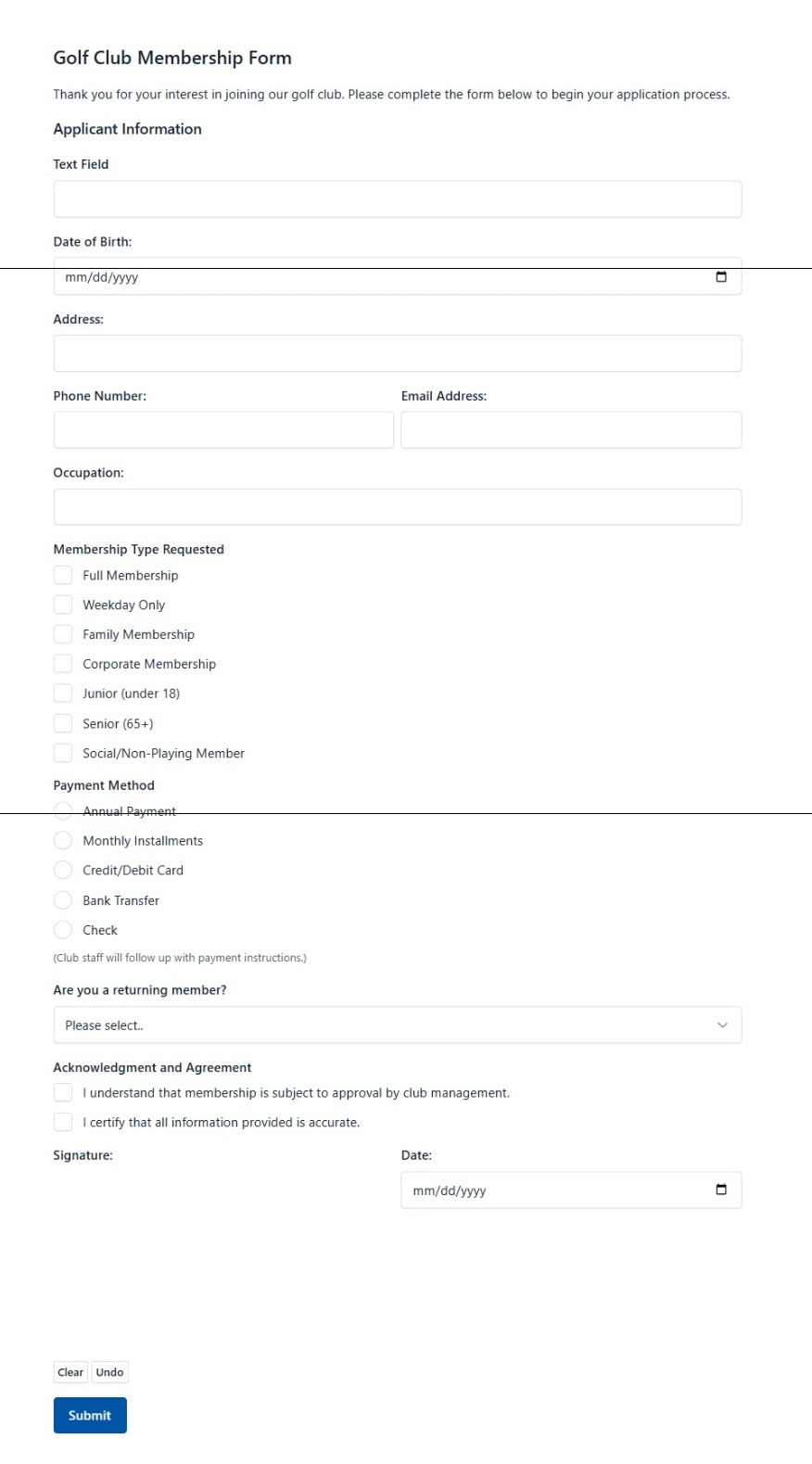 Golf Club Membership Form