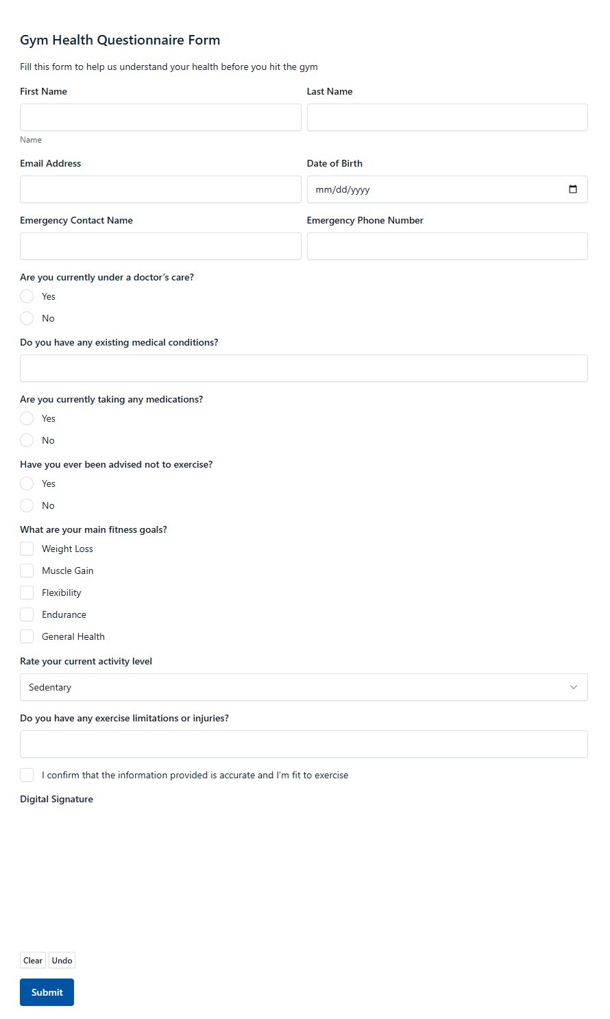Gym Health Questionnaire Form