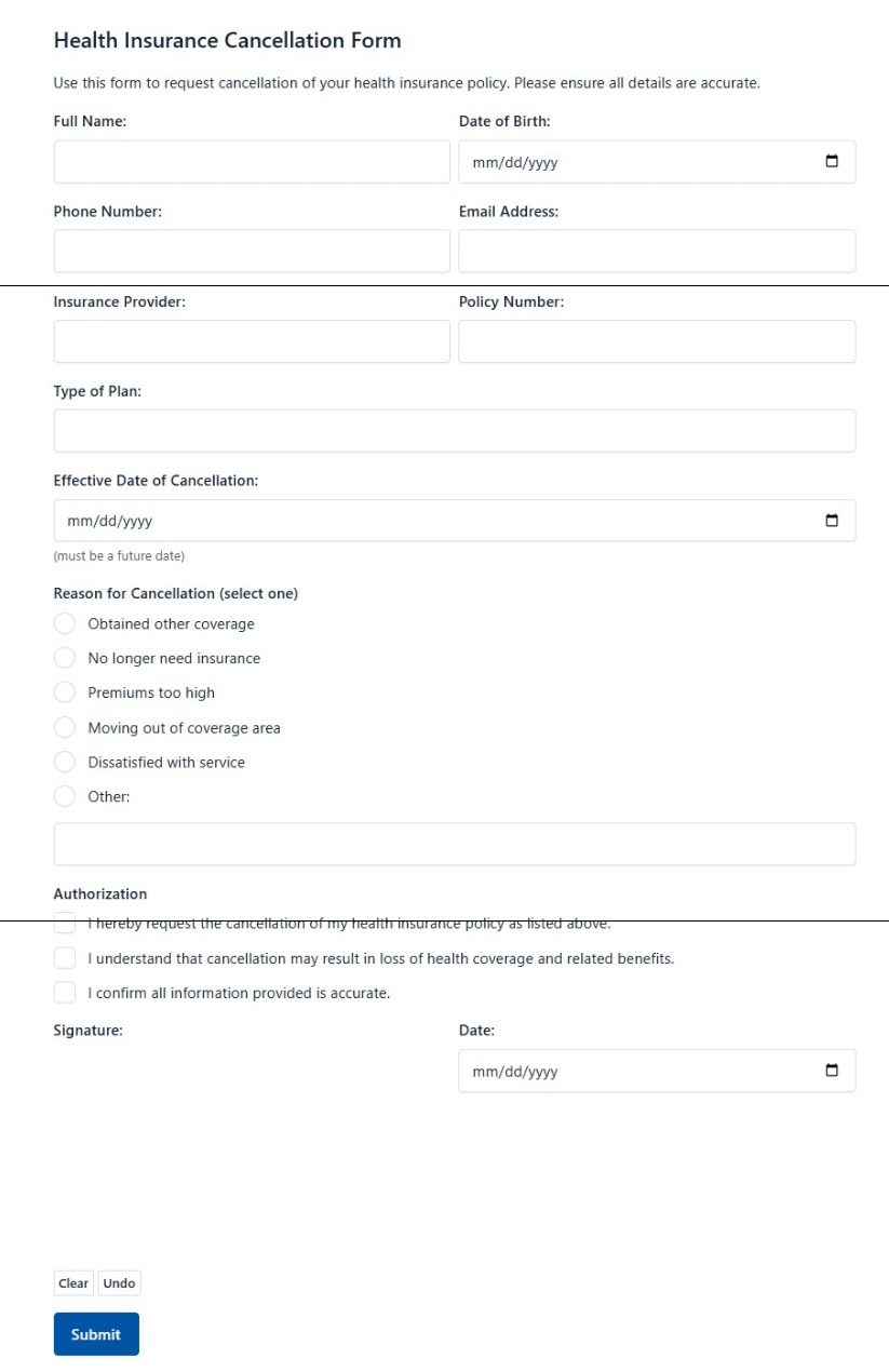 Health Insurance Cancellation Form