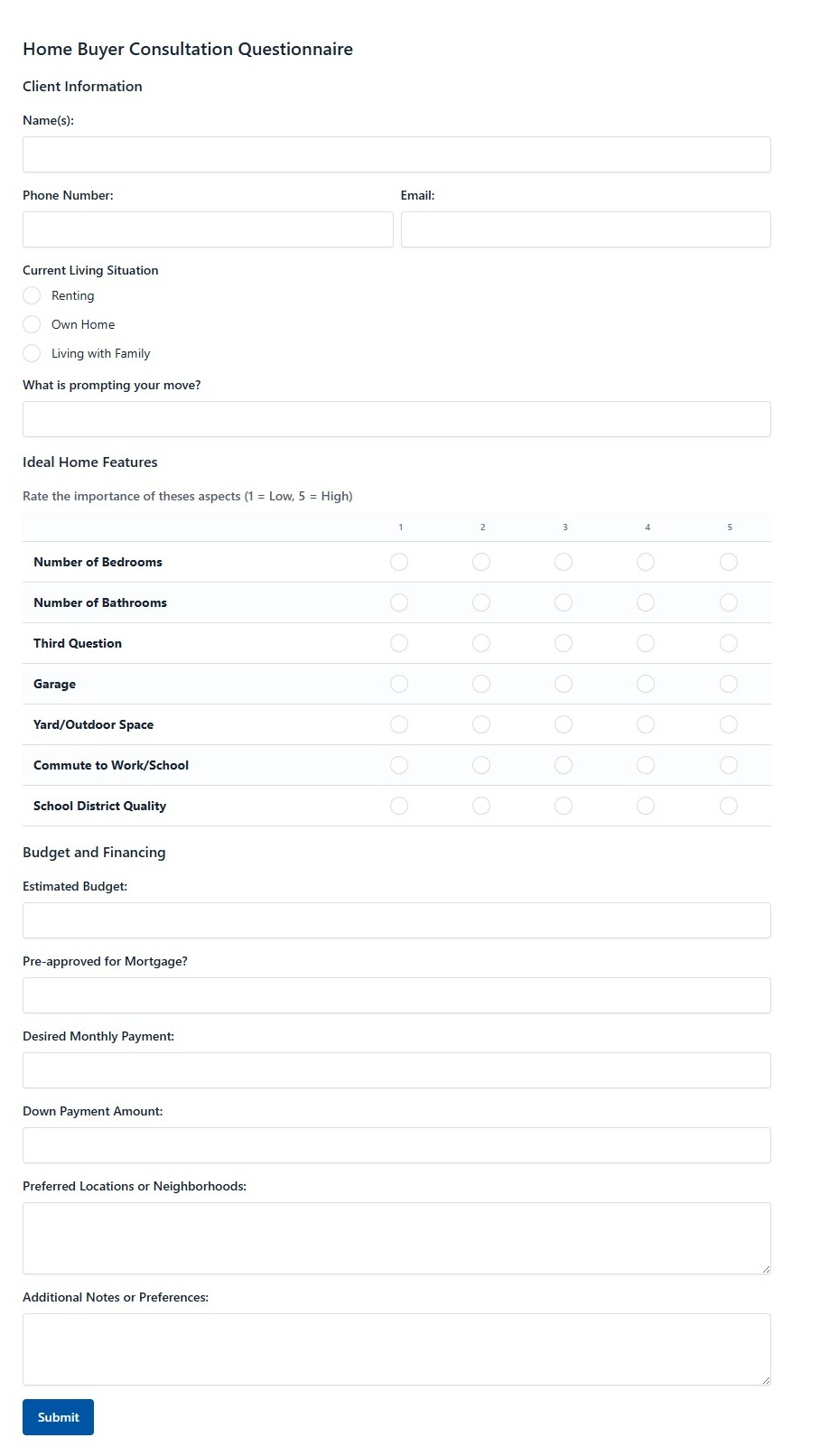 Home Buyer Consultation Questionnaire