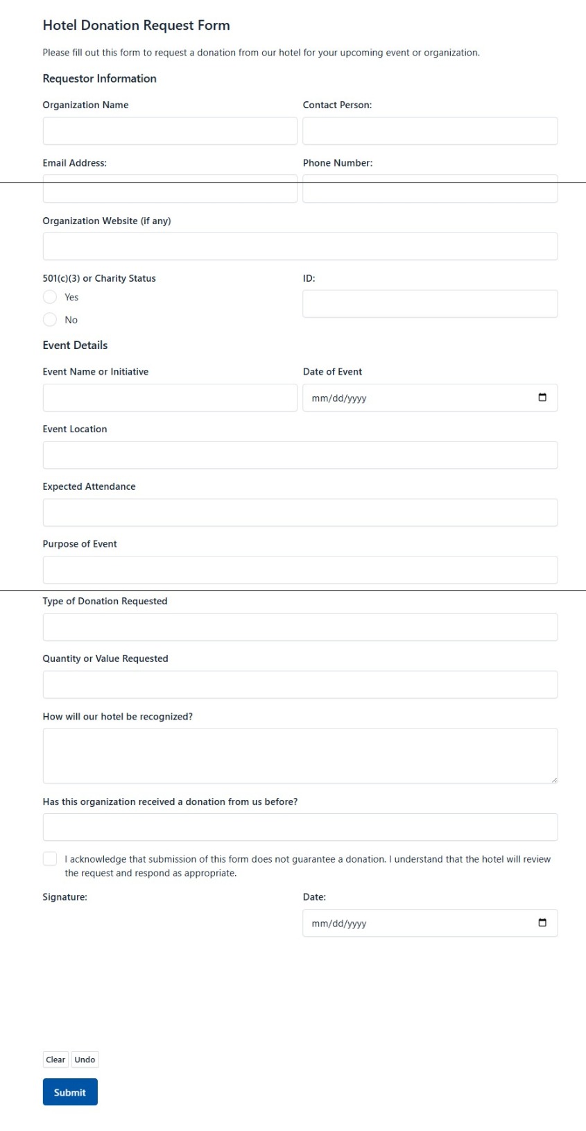 Hotel Donation Request Form