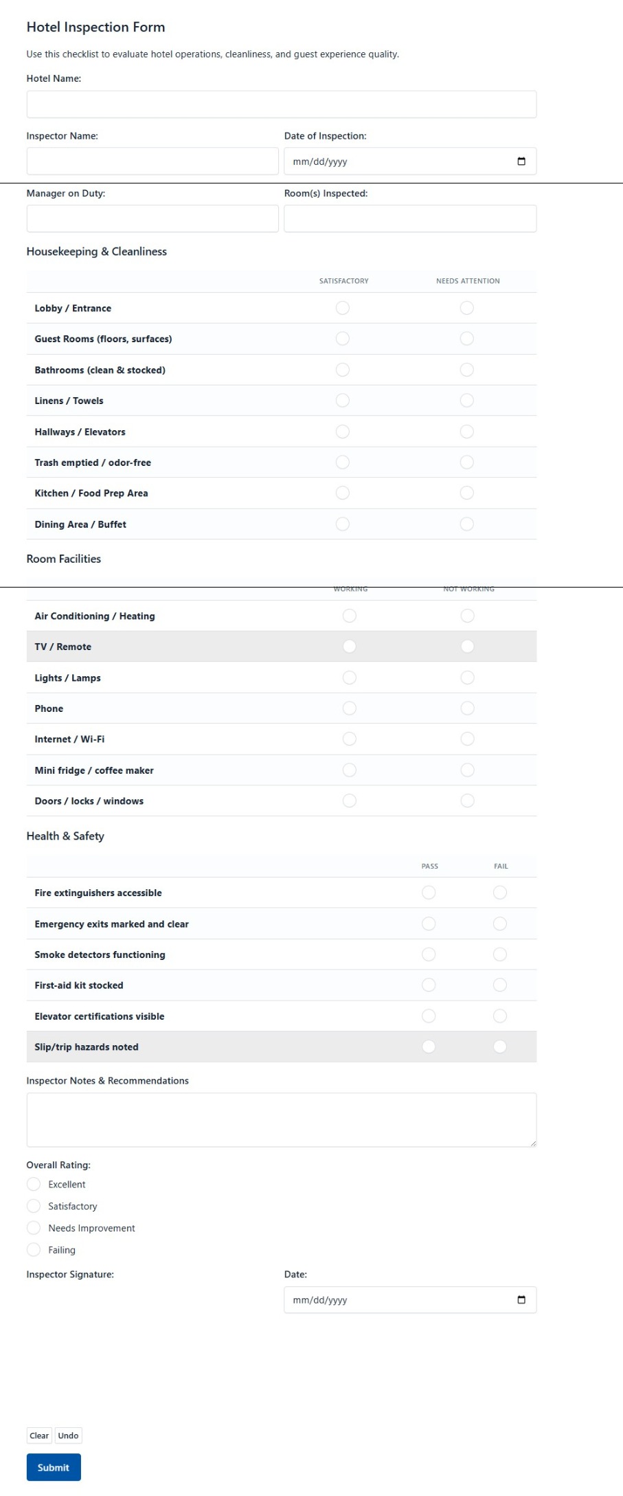 Hotel Inspection Form
