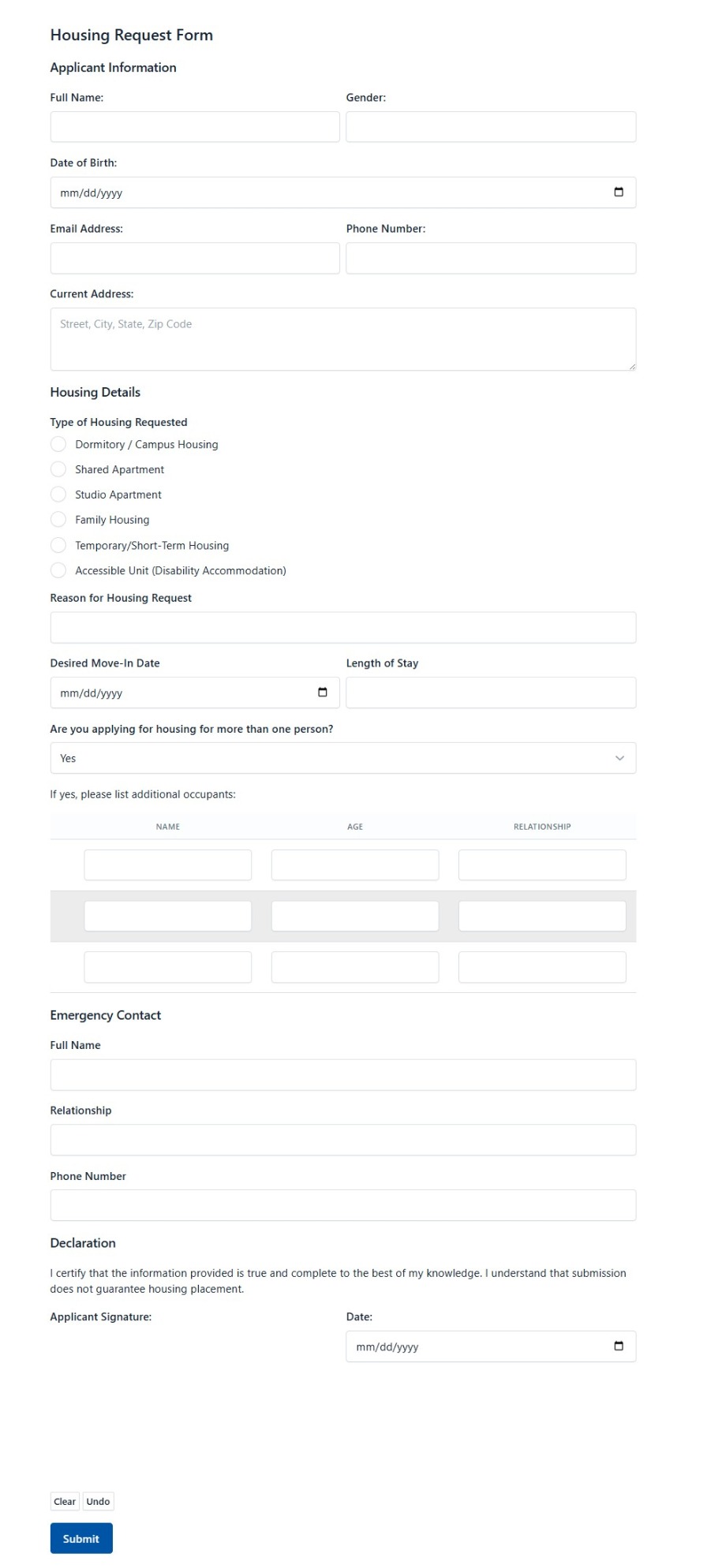 Housing Request Form