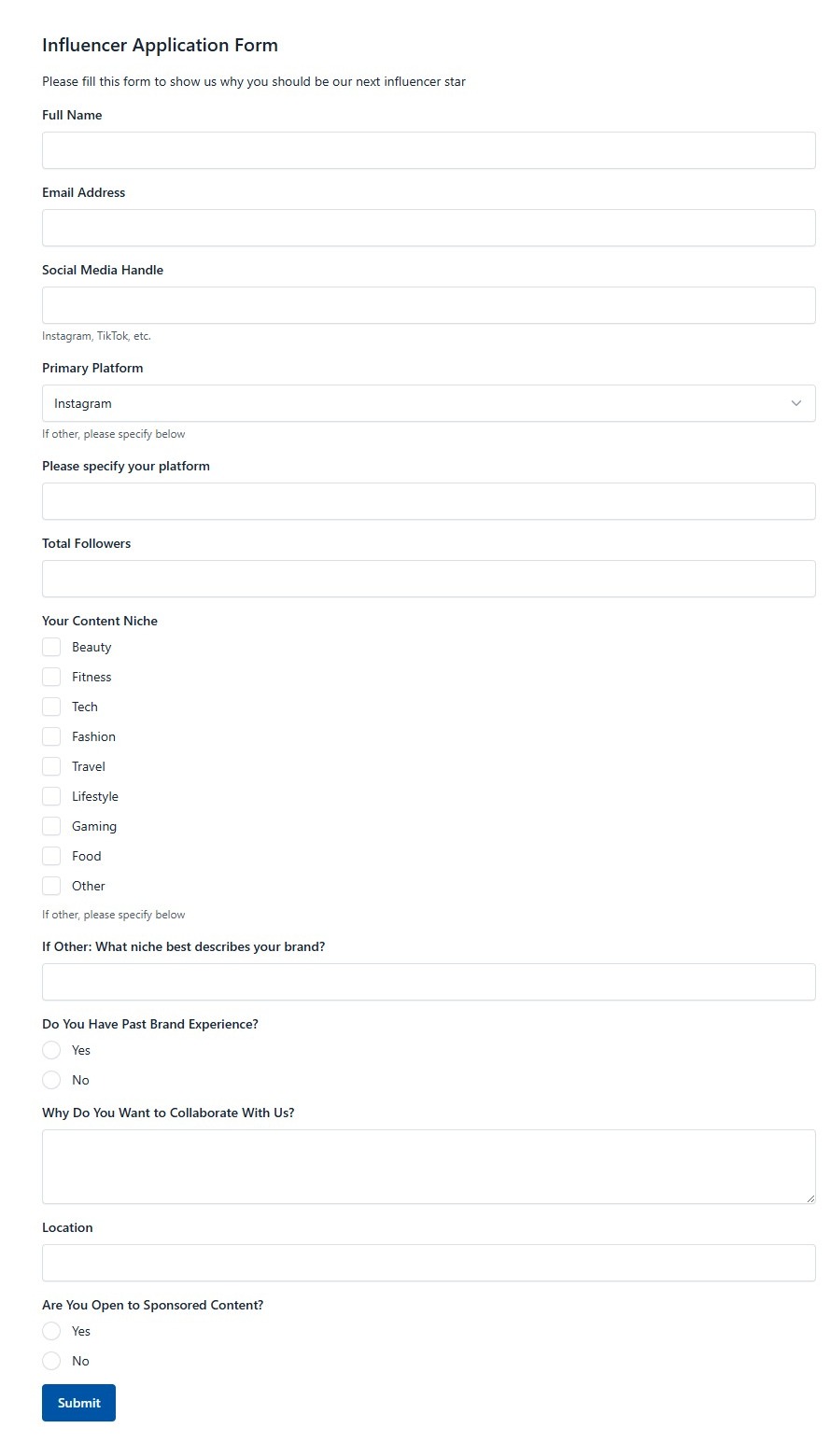 Influencer Application Form
