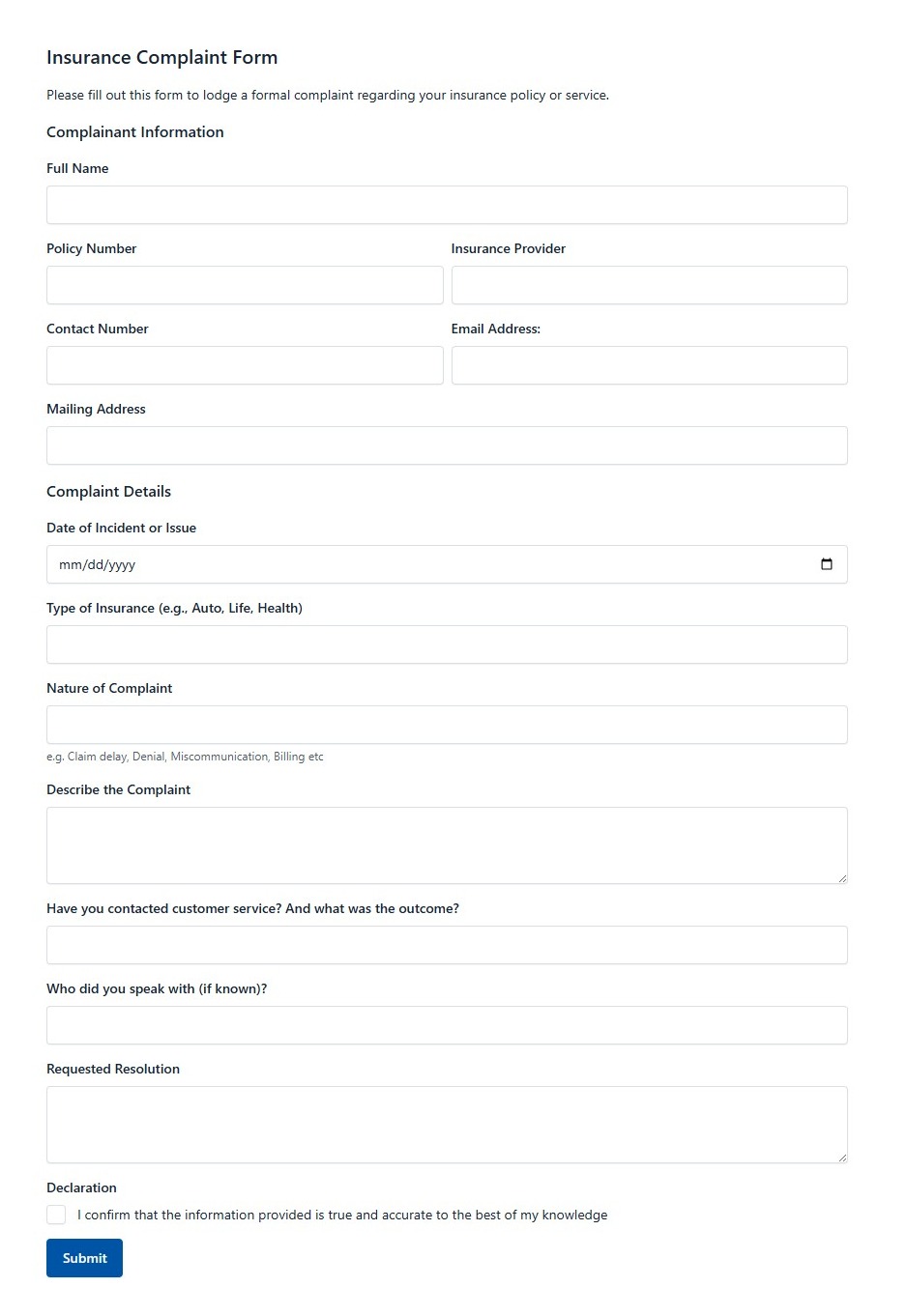 Insurance Complaint Form
