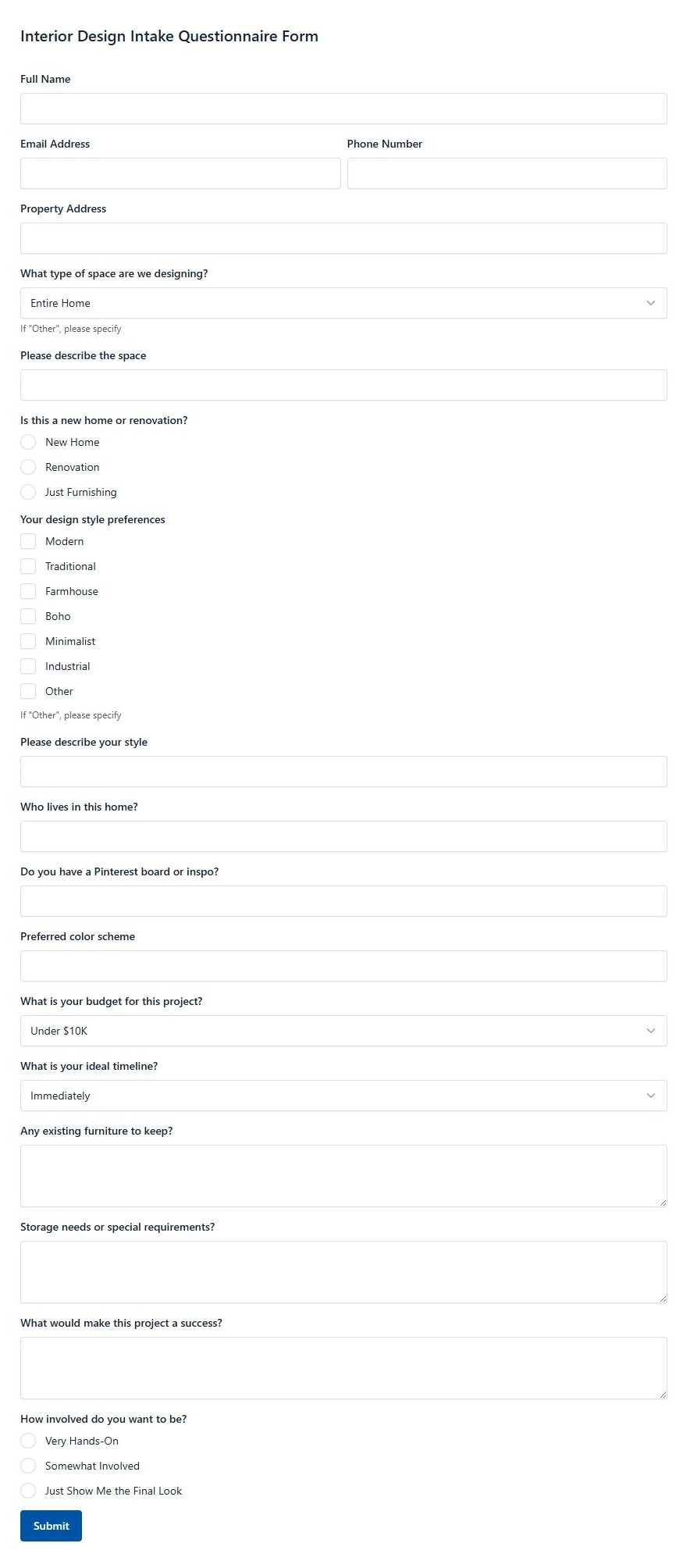 Interior Design Intake Questionnaire Form