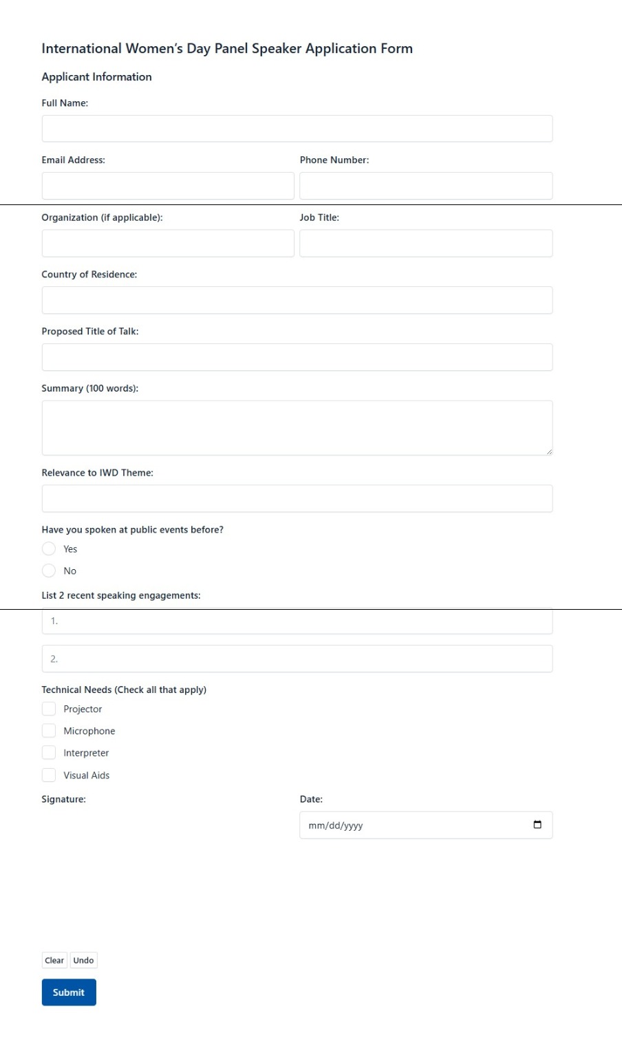 International Womens Day Panel Speaker Application Form
