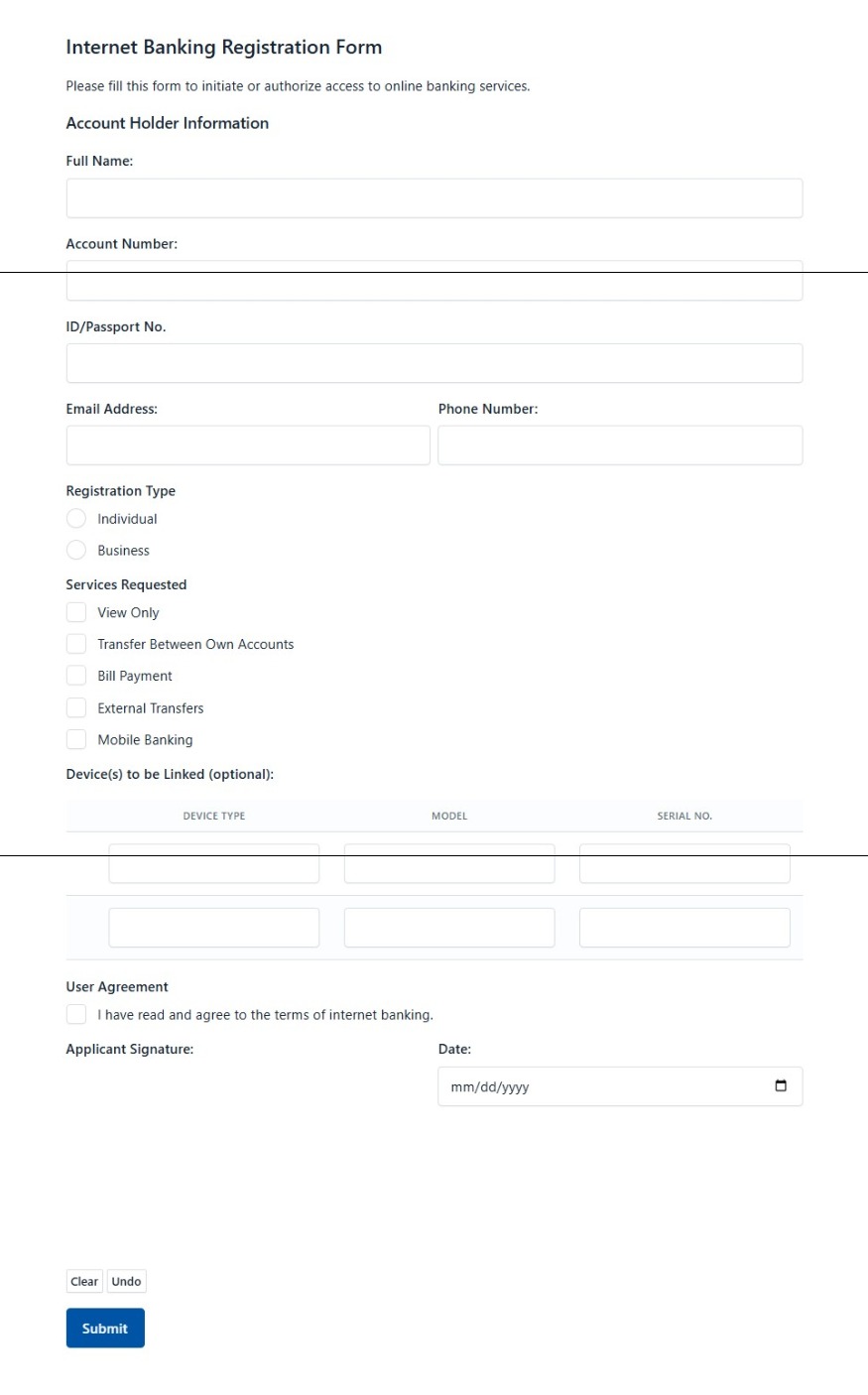 Internet Banking Registration Form